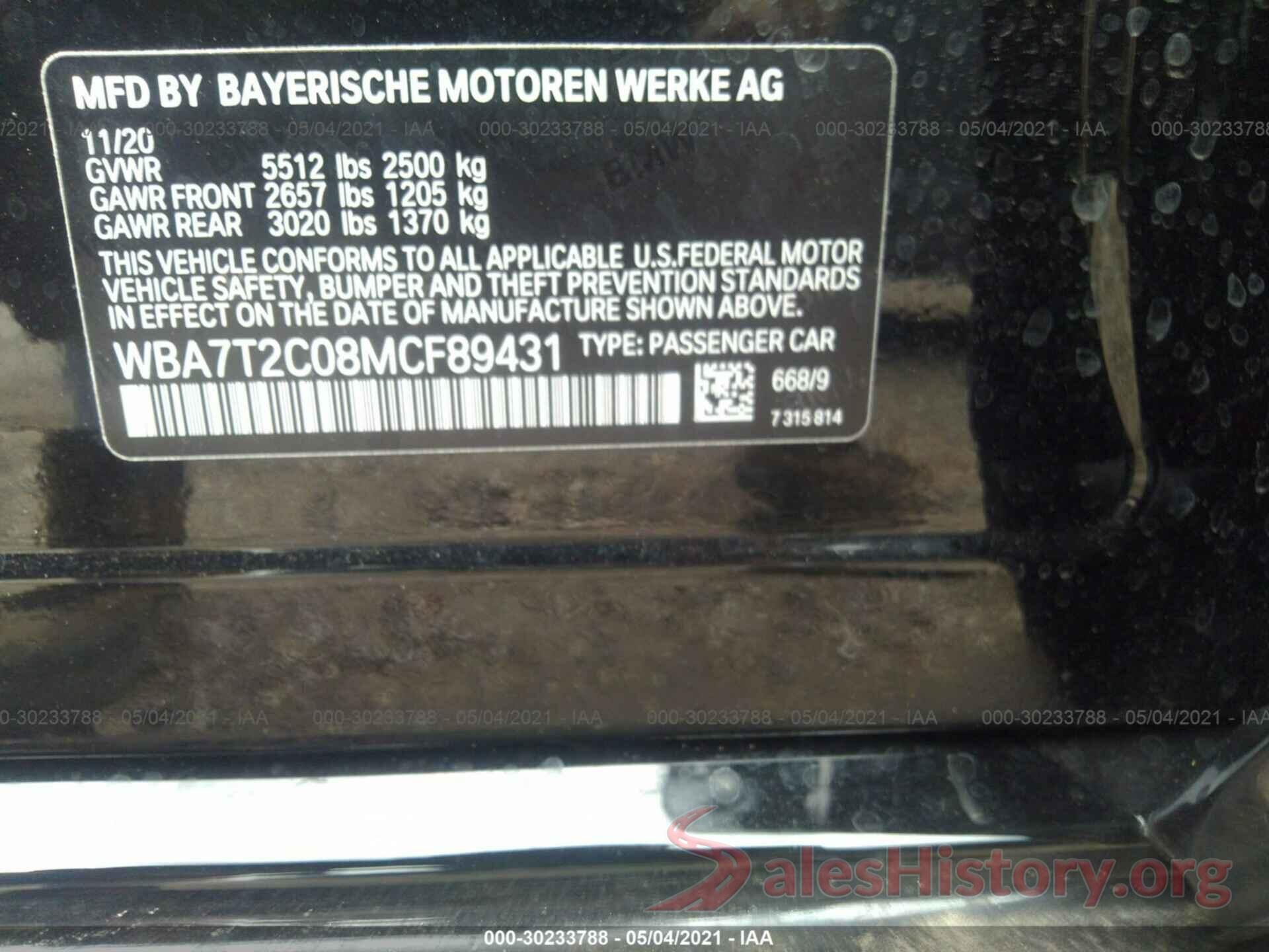 WBA7T2C08MCF89431 2021 BMW 7 SERIES