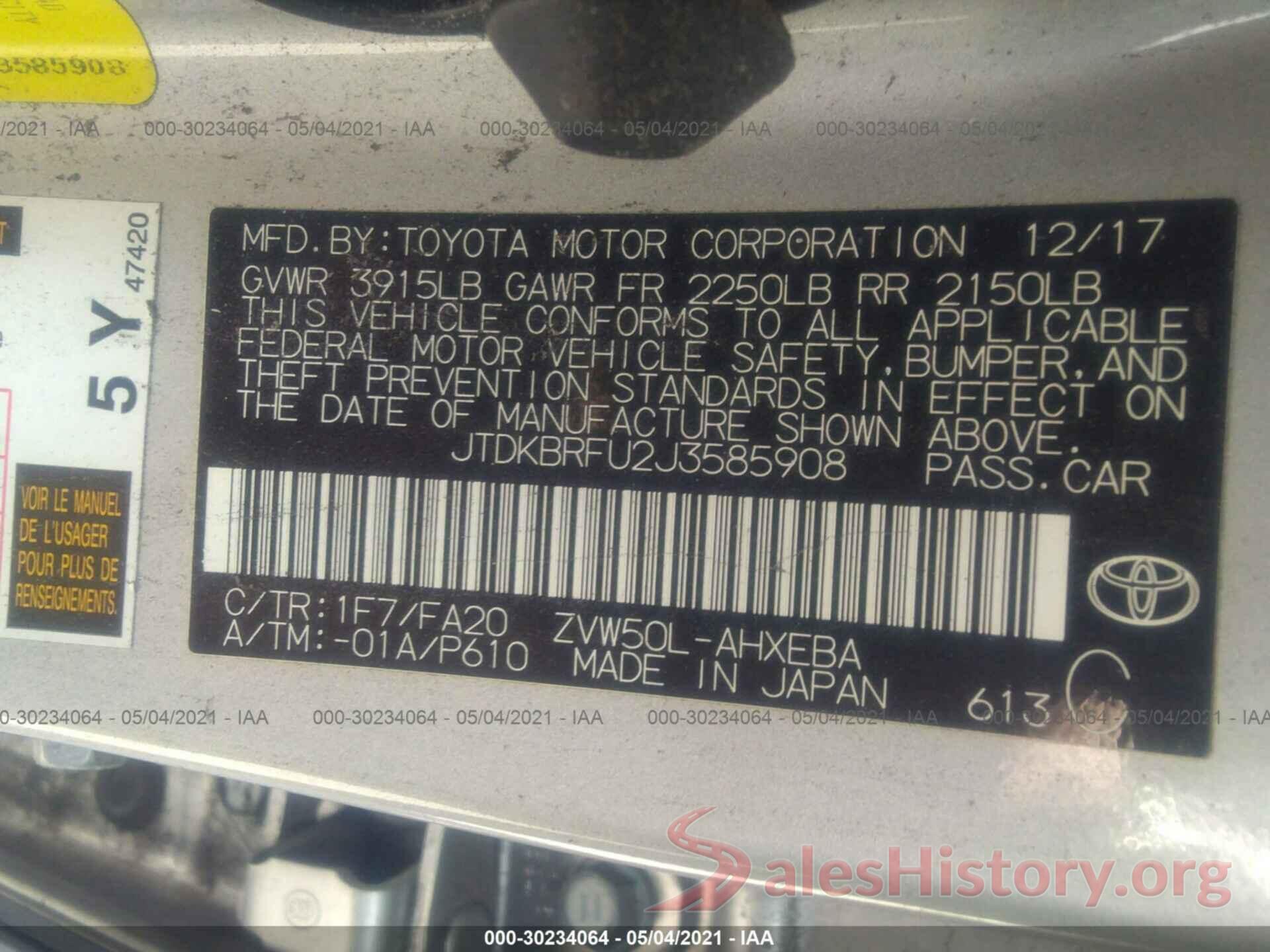 JTDKBRFU2J3585908 2018 TOYOTA PRIUS