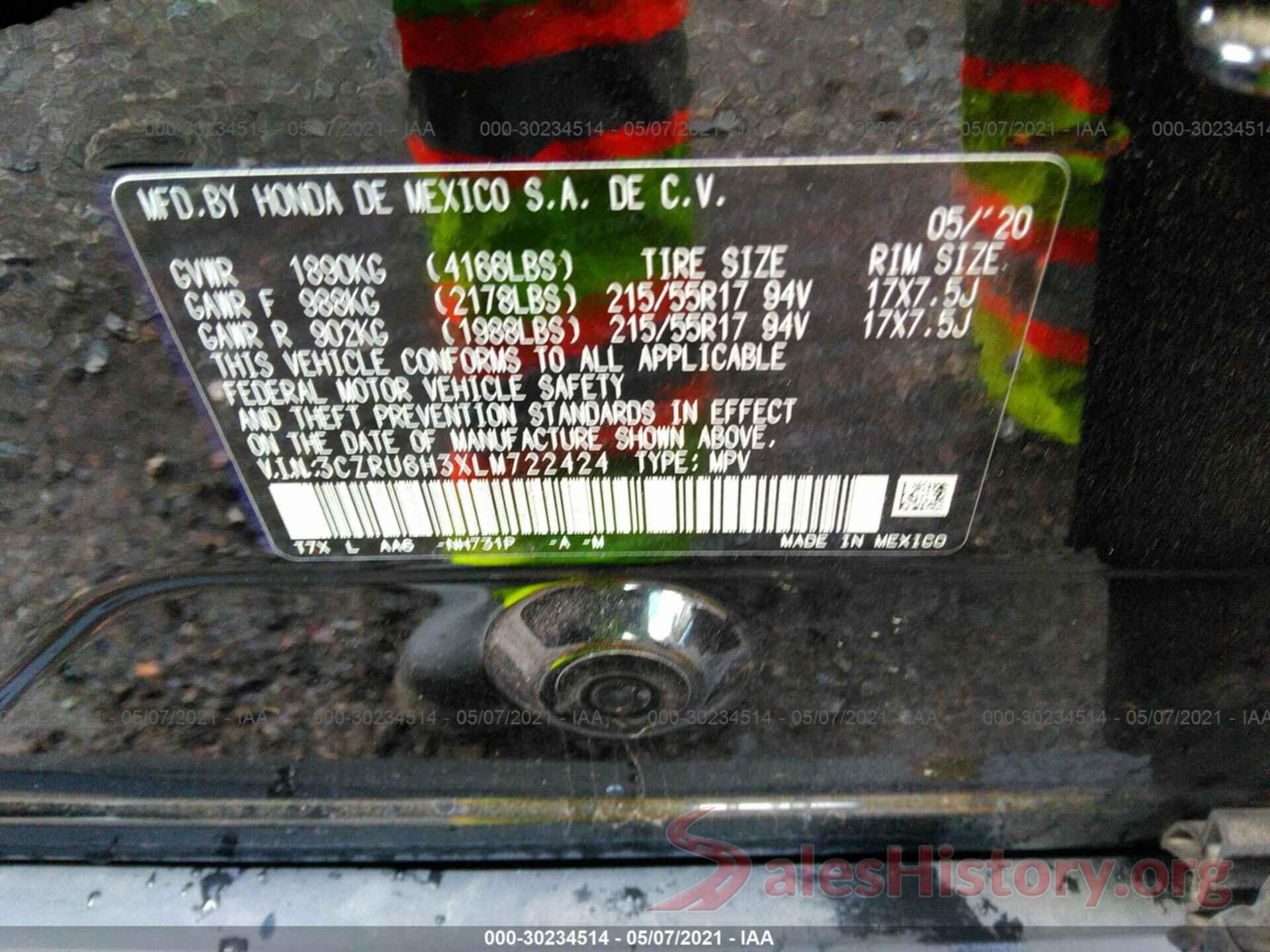 3CZRU6H3XLM722424 2020 HONDA HR-V