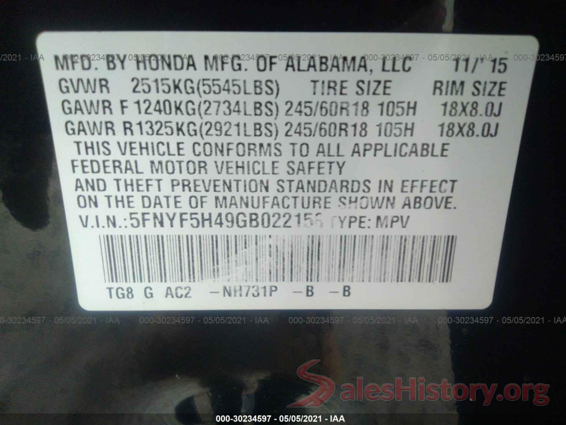 5FNYF5H49GB022158 2016 HONDA PILOT