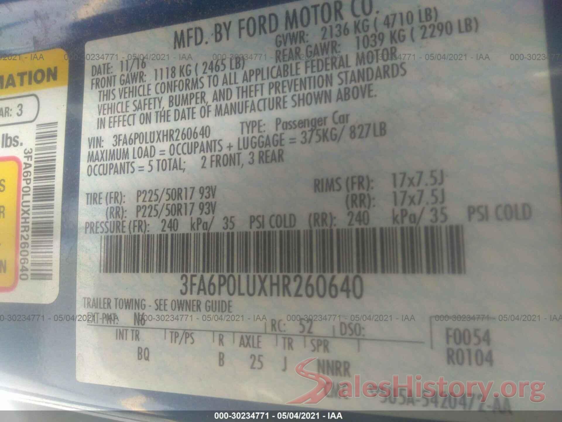 3FA6P0LUXHR260640 2017 FORD FUSION