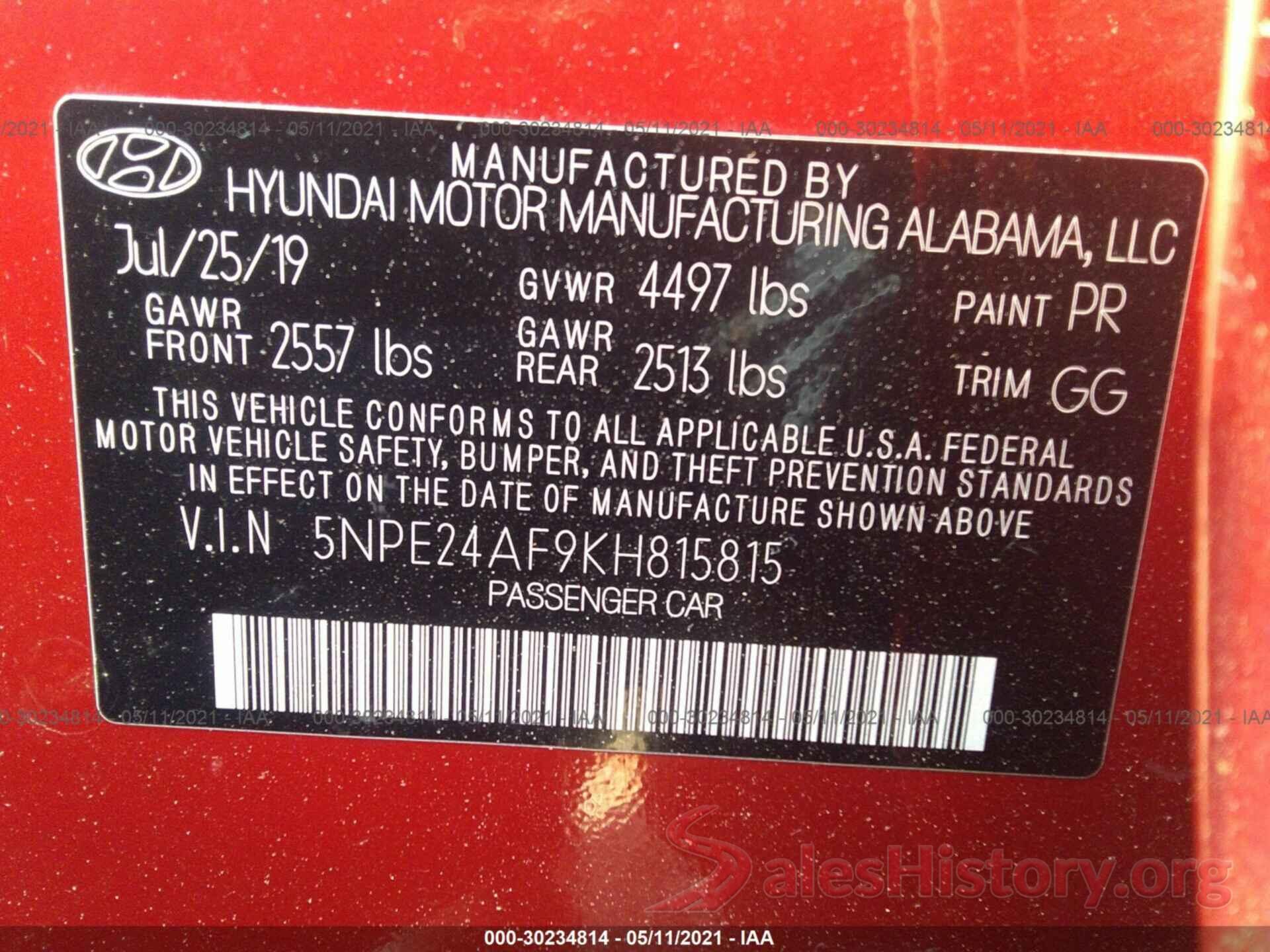 5NPE24AF9KH815815 2019 HYUNDAI SONATA