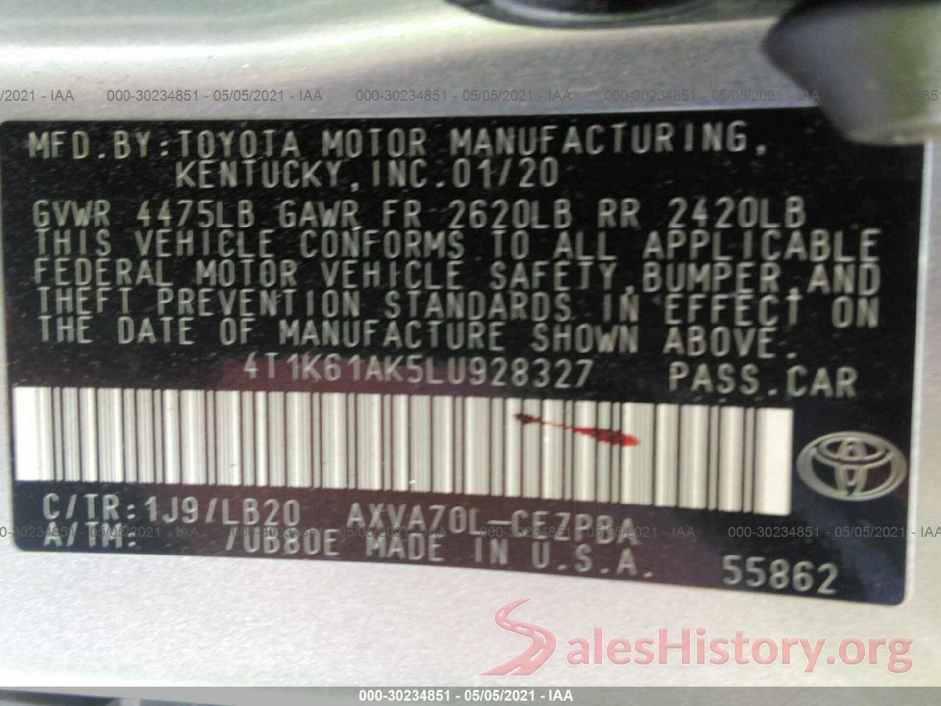 4T1K61AK5LU928327 2020 TOYOTA CAMRY