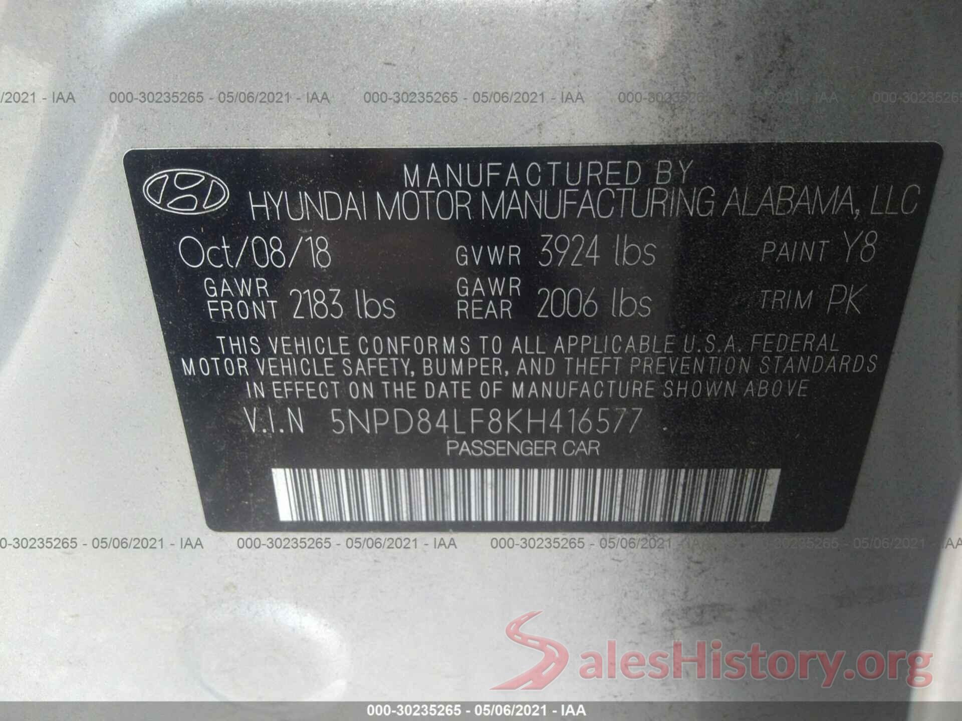 5NPD84LF8KH416577 2019 HYUNDAI ELANTRA