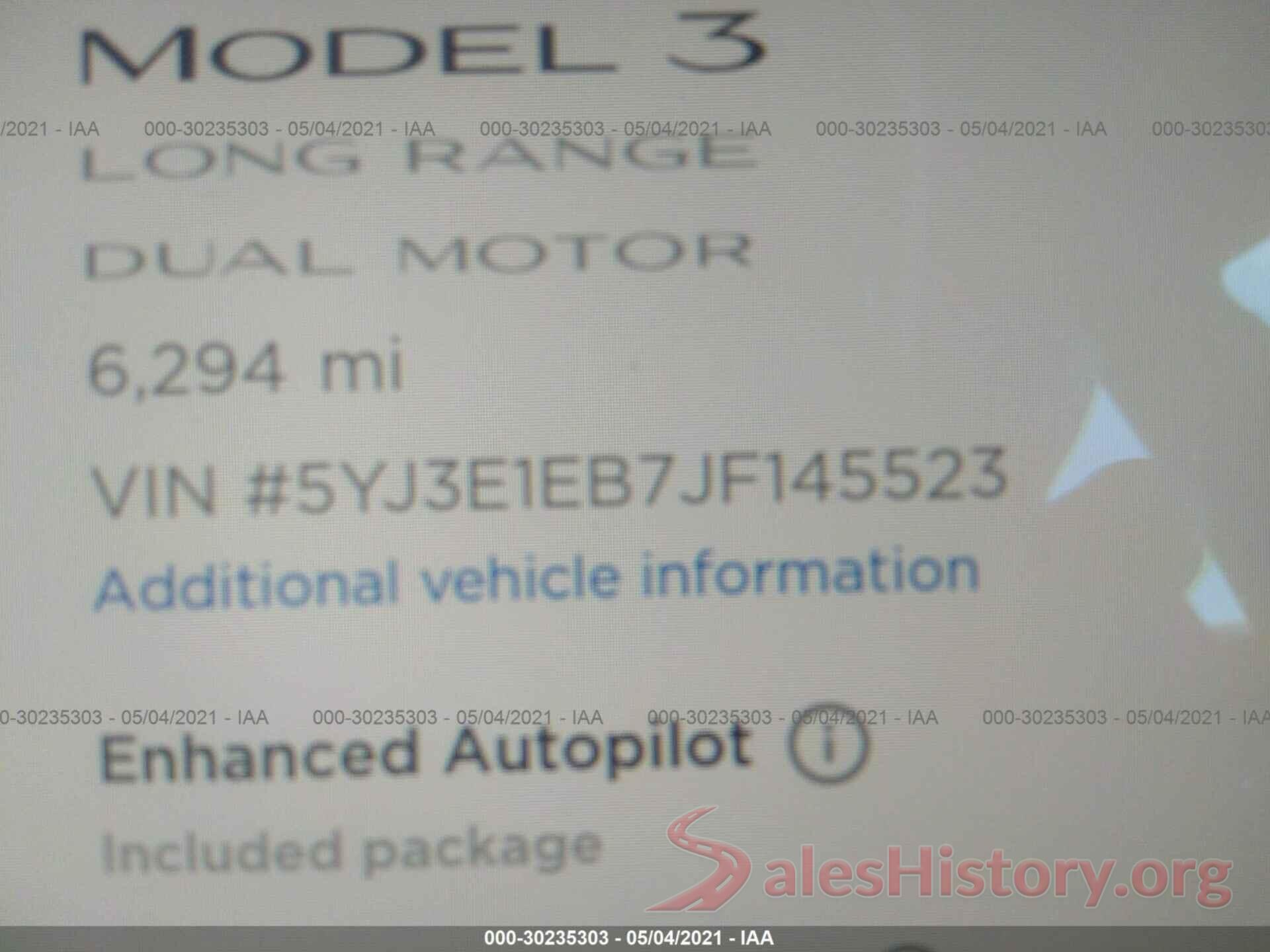 5YJ3E1EB7JF145523 2018 TESLA MODEL 3