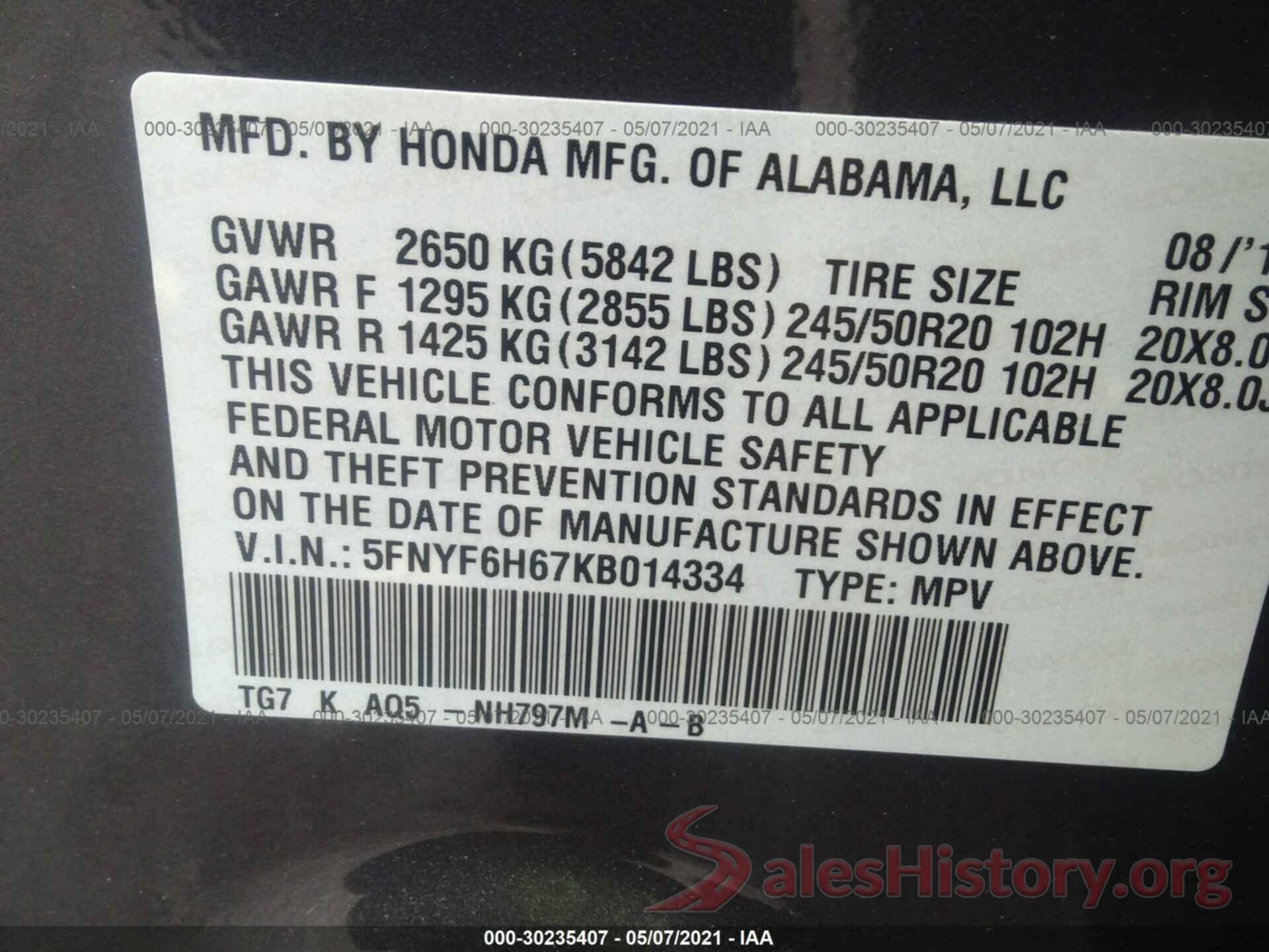 5FNYF6H67KB014334 2019 HONDA PILOT