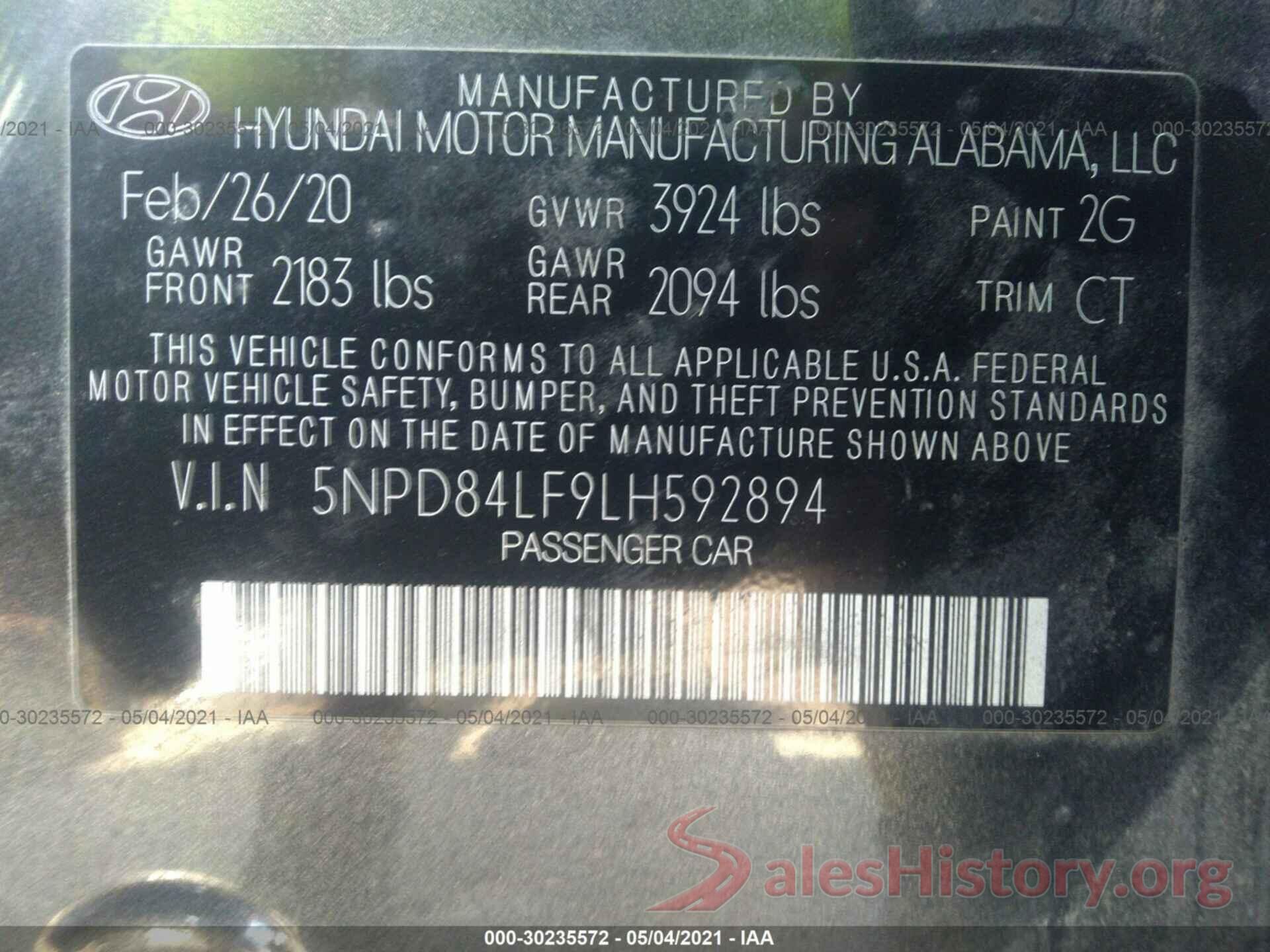 5NPD84LF9LH592894 2020 HYUNDAI ELANTRA