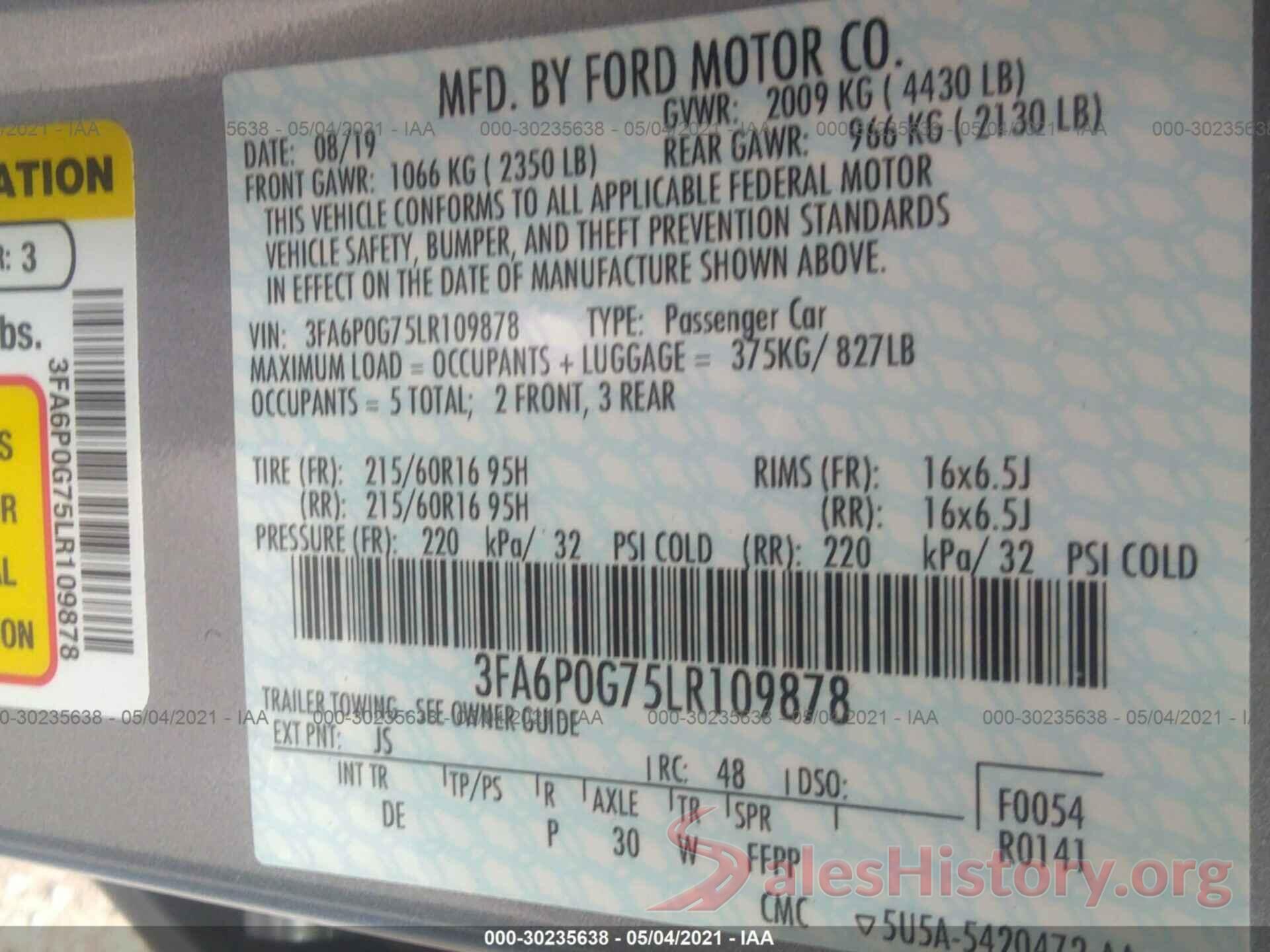 3FA6P0G75LR109878 2020 FORD FUSION