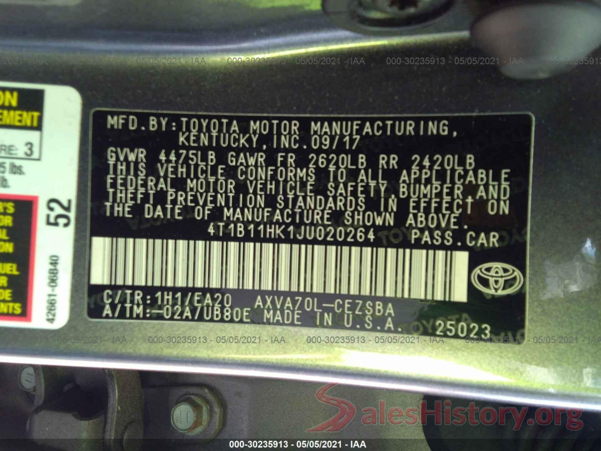 4T1B11HK1JU020264 2018 TOYOTA CAMRY