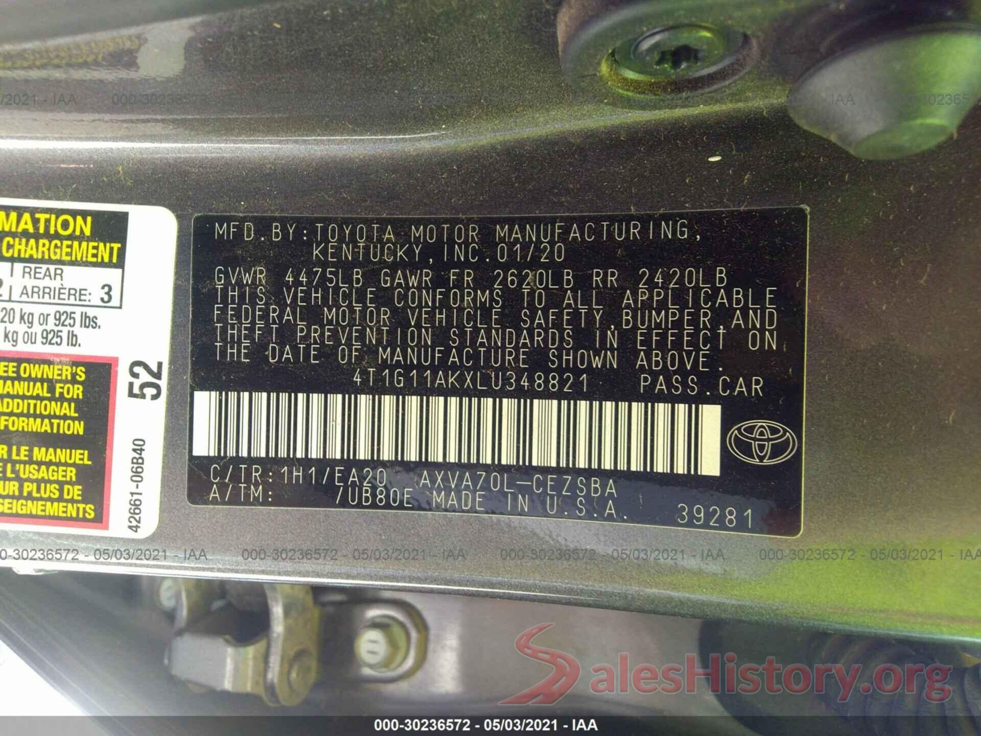 4T1G11AKXLU348821 2020 TOYOTA CAMRY