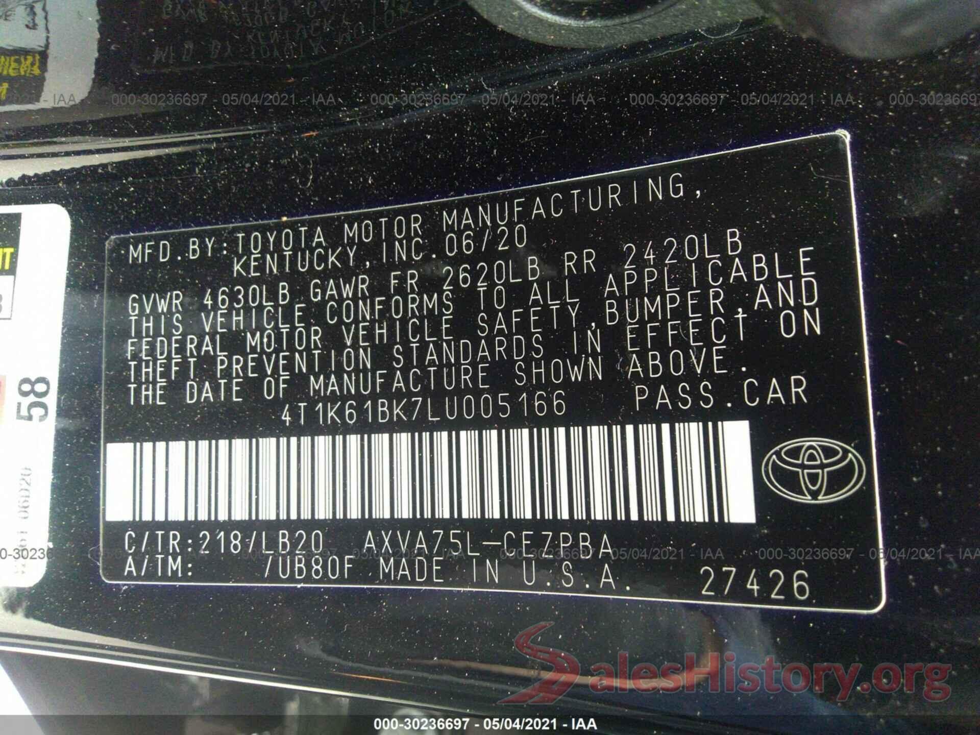 4T1K61BK7LU005166 2020 TOYOTA CAMRY