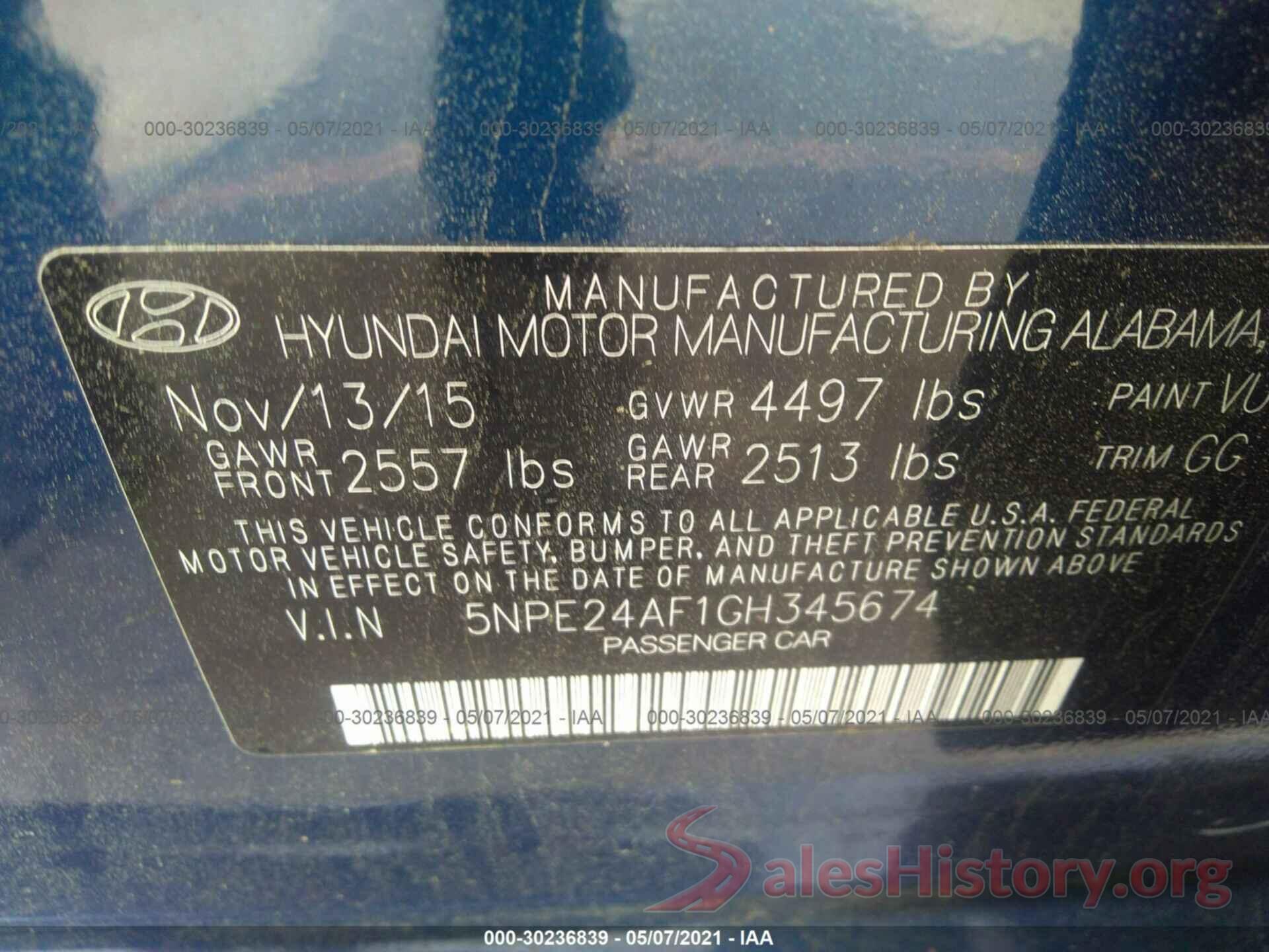 5NPE24AF1GH345674 2016 HYUNDAI SONATA