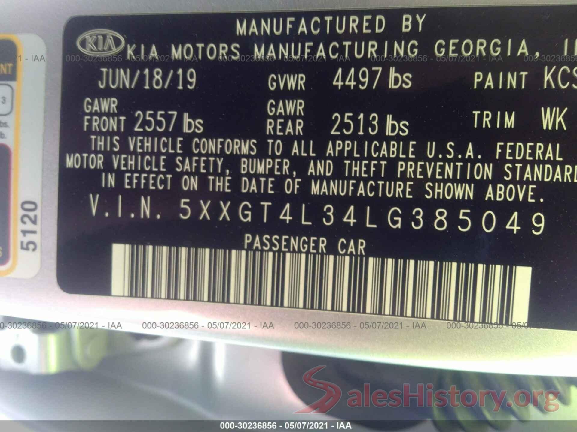 5XXGT4L34LG385049 2020 KIA OPTIMA