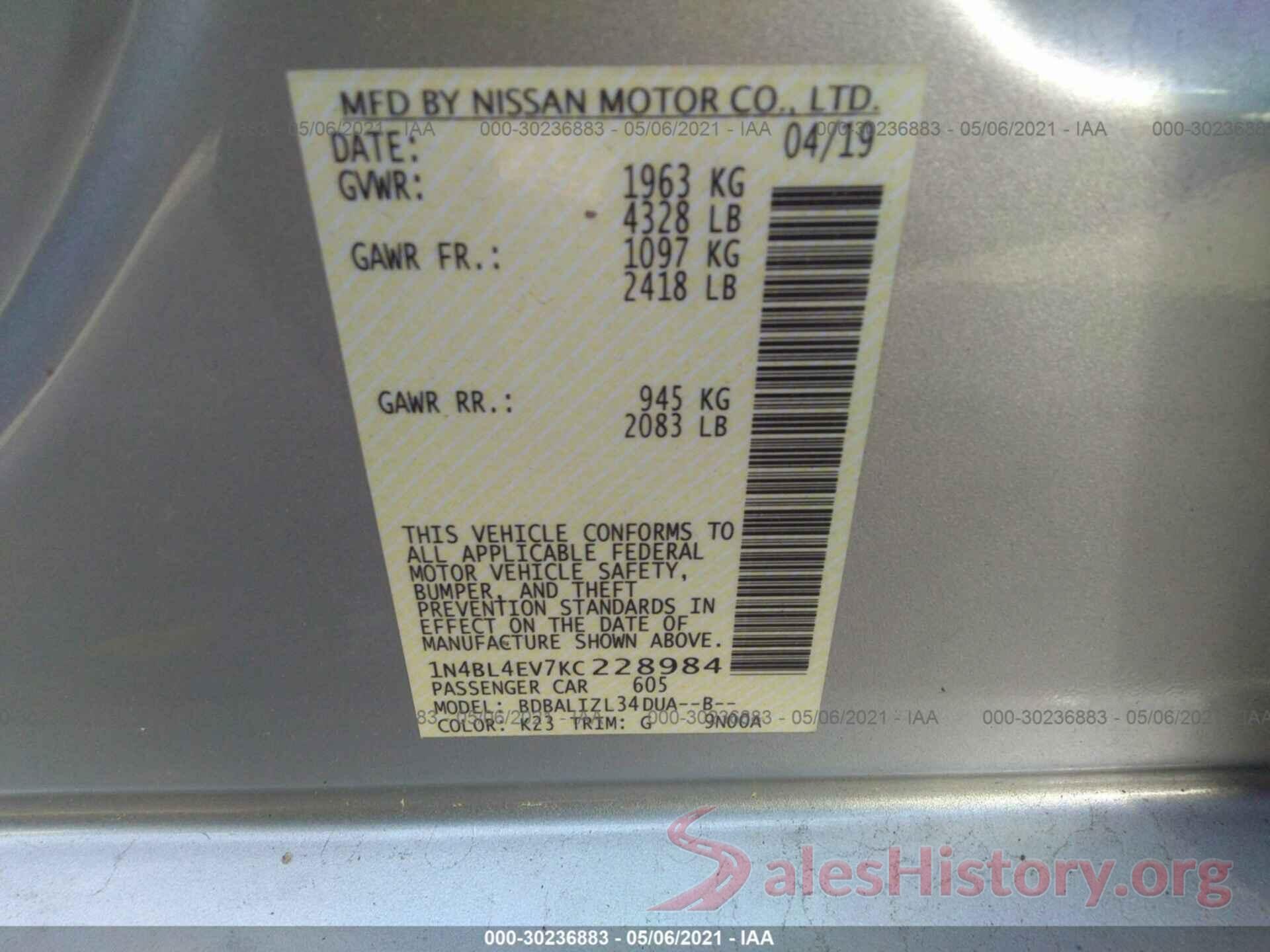 1N4BL4EV7KC228984 2019 NISSAN ALTIMA