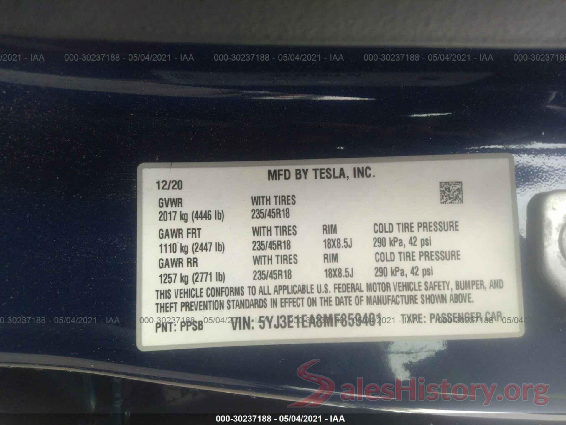 5YJ3E1EA8MF859401 2021 TESLA MODEL 3