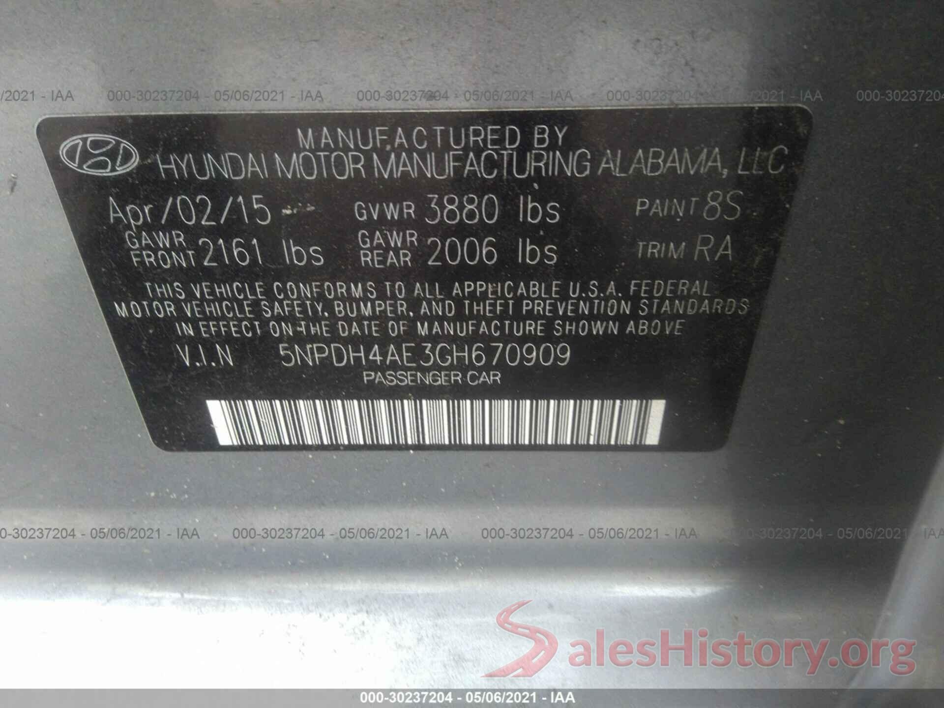 5NPDH4AE3GH670909 2016 HYUNDAI ELANTRA