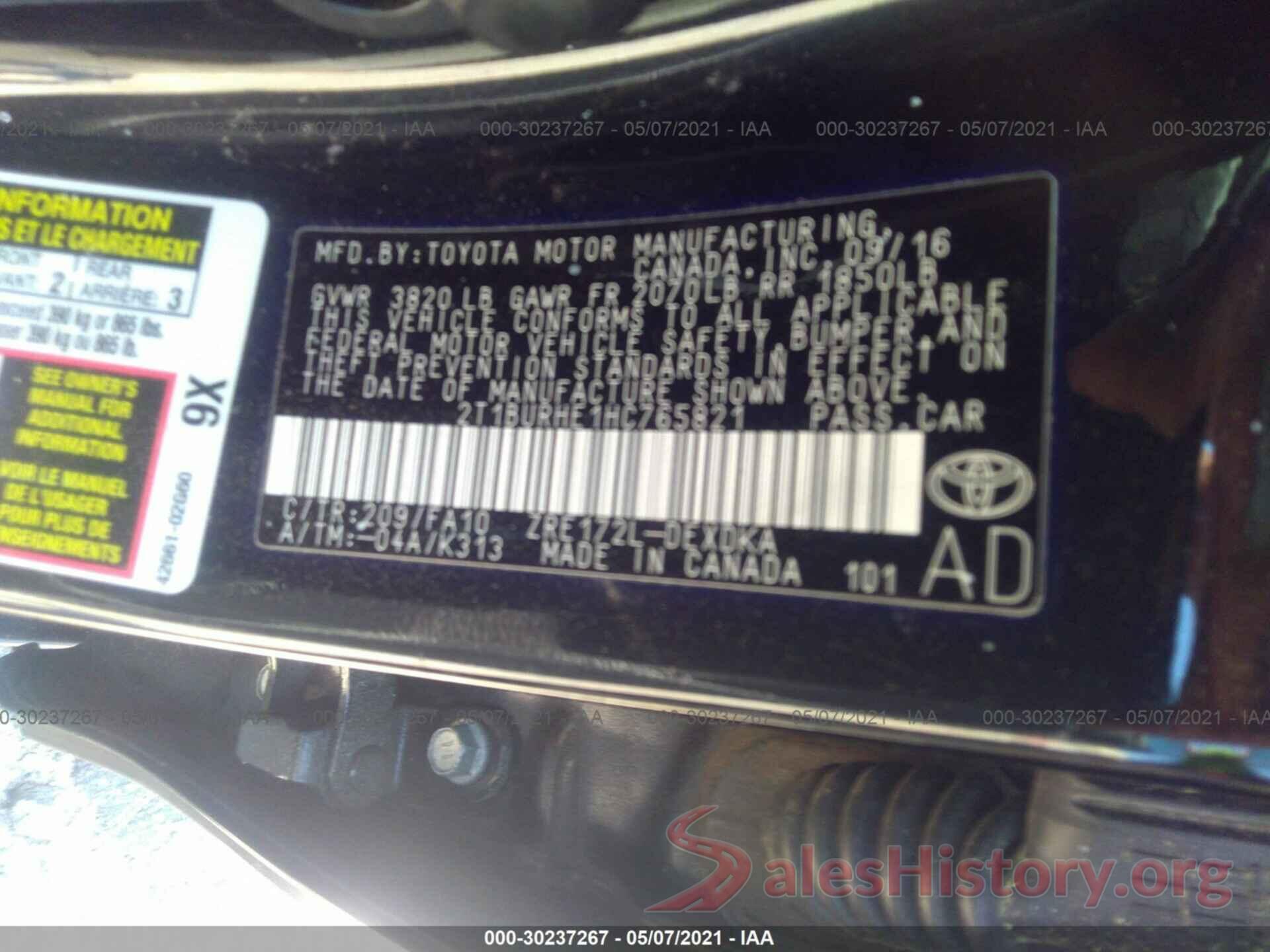 2T1BURHE1HC765821 2017 TOYOTA COROLLA