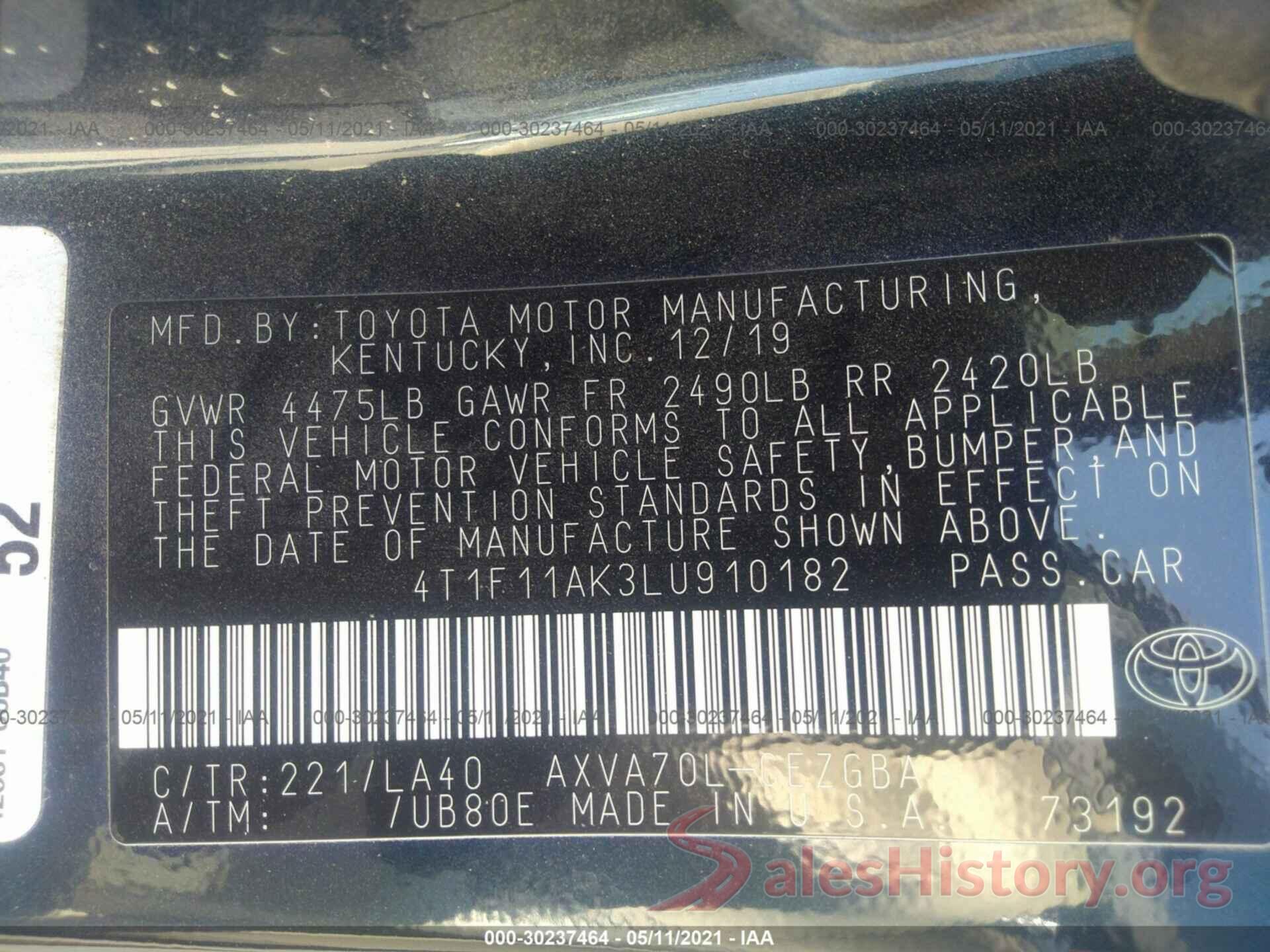 4T1F11AK3LU910182 2020 TOYOTA CAMRY