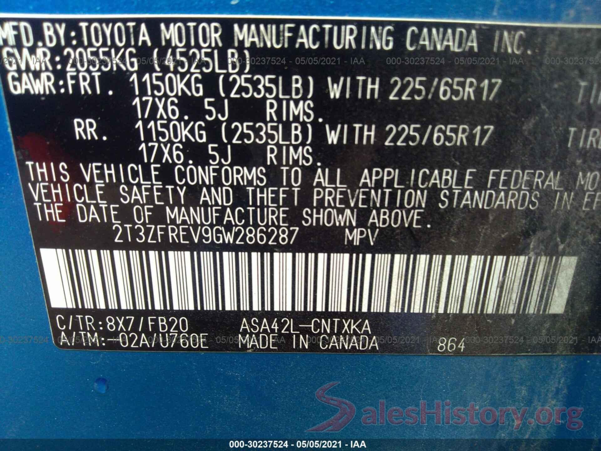 2T3ZFREV9GW286287 2016 TOYOTA RAV4