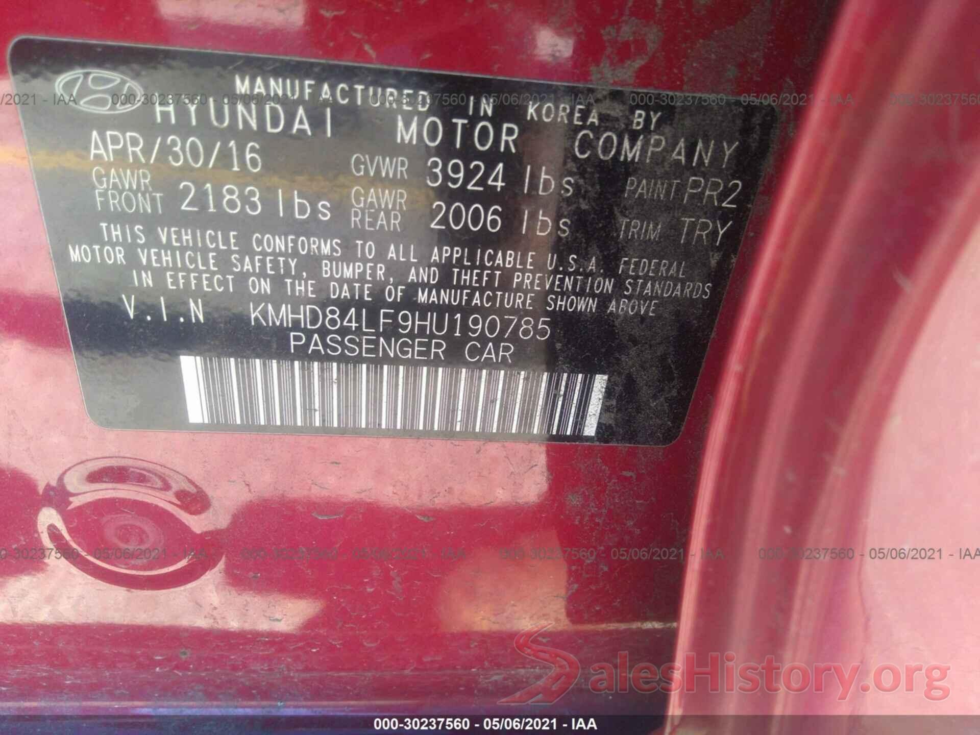 KMHD84LF9HU190785 2017 HYUNDAI ELANTRA