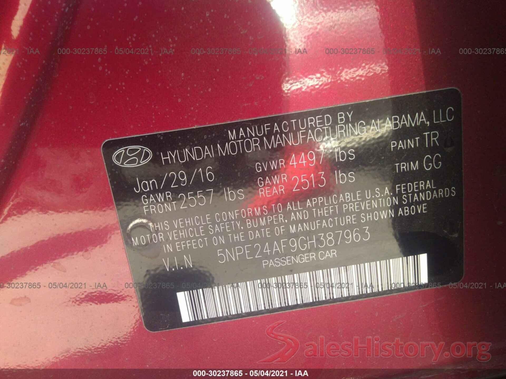 5NPE24AF9GH387963 2016 HYUNDAI SONATA