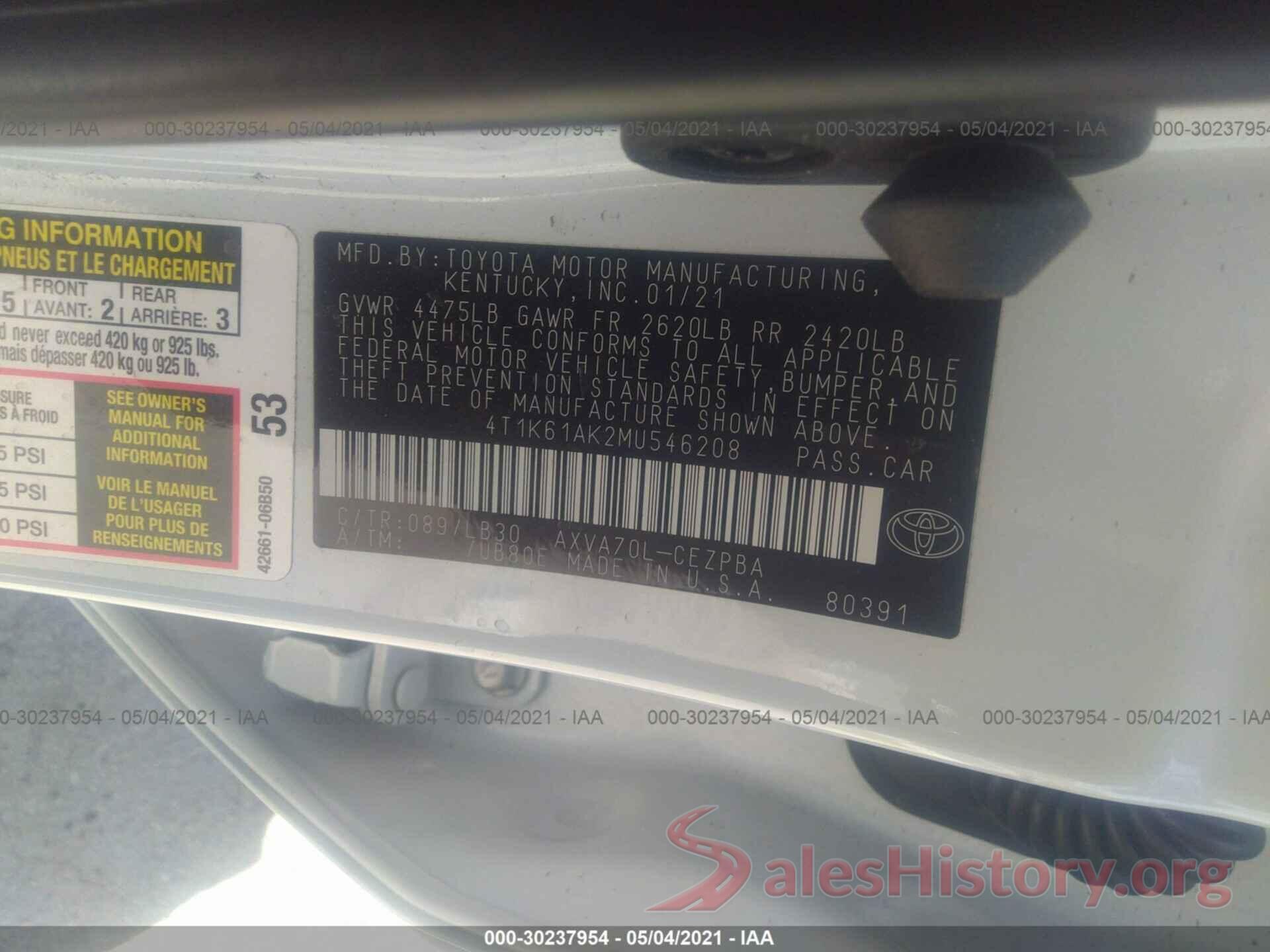 4T1K61AK2MU546208 2021 TOYOTA CAMRY