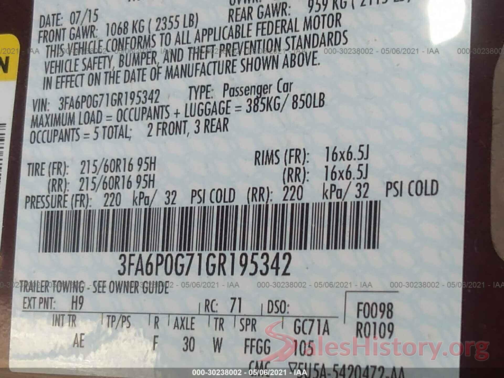 3FA6P0G71GR195342 2016 FORD FUSION