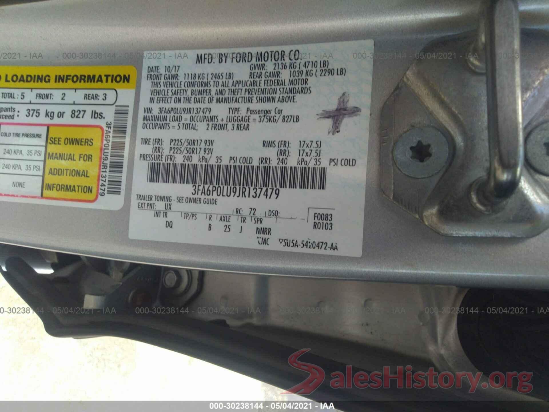 3FA6P0LU9JR137479 2018 FORD FUSION HYBRID