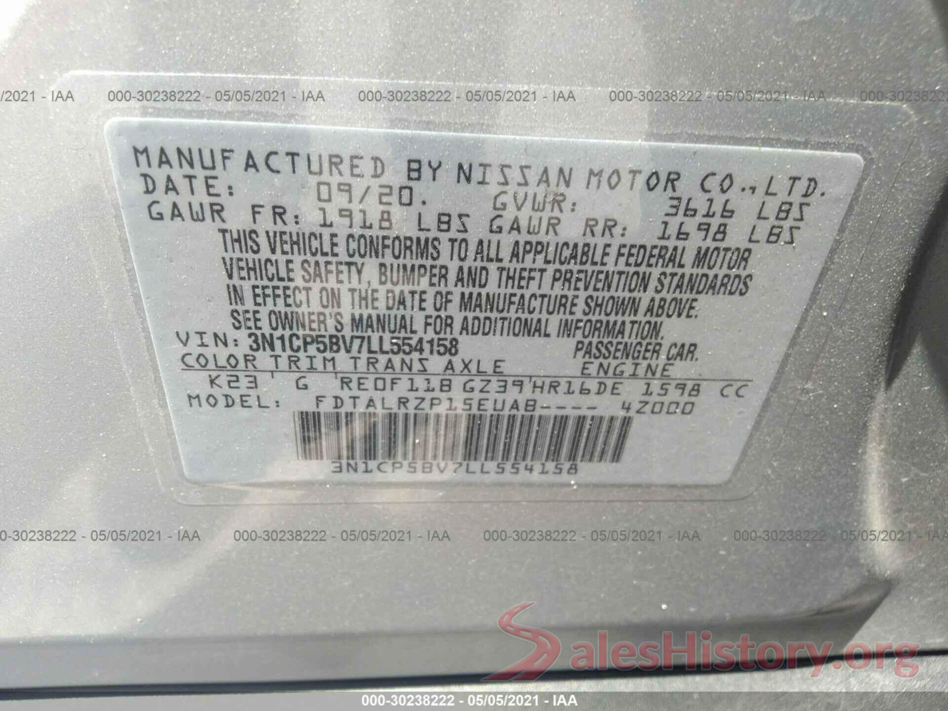 3N1CP5BV7LL554158 2020 NISSAN KICKS