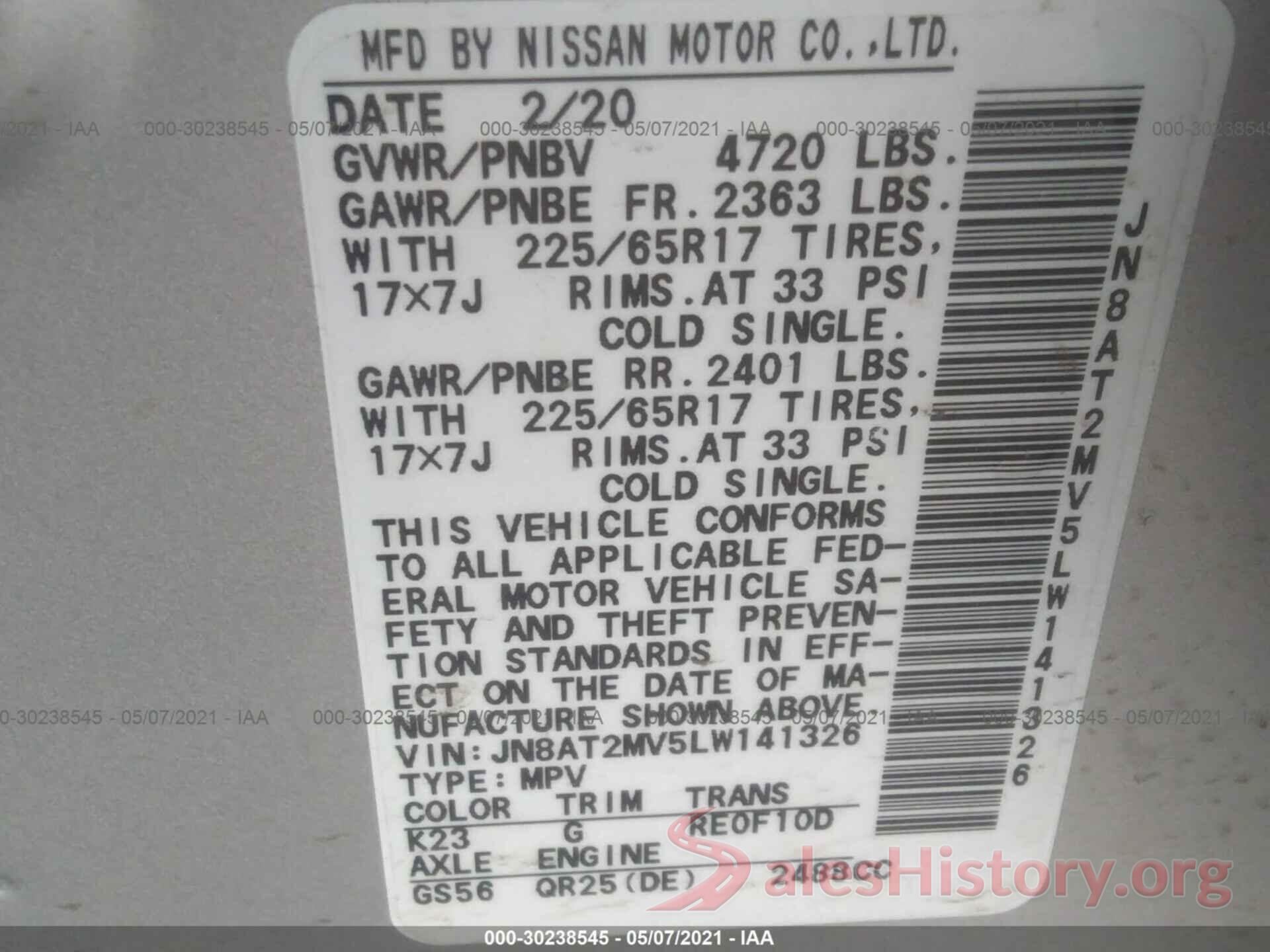 JN8AT2MV5LW141326 2020 NISSAN ROGUE