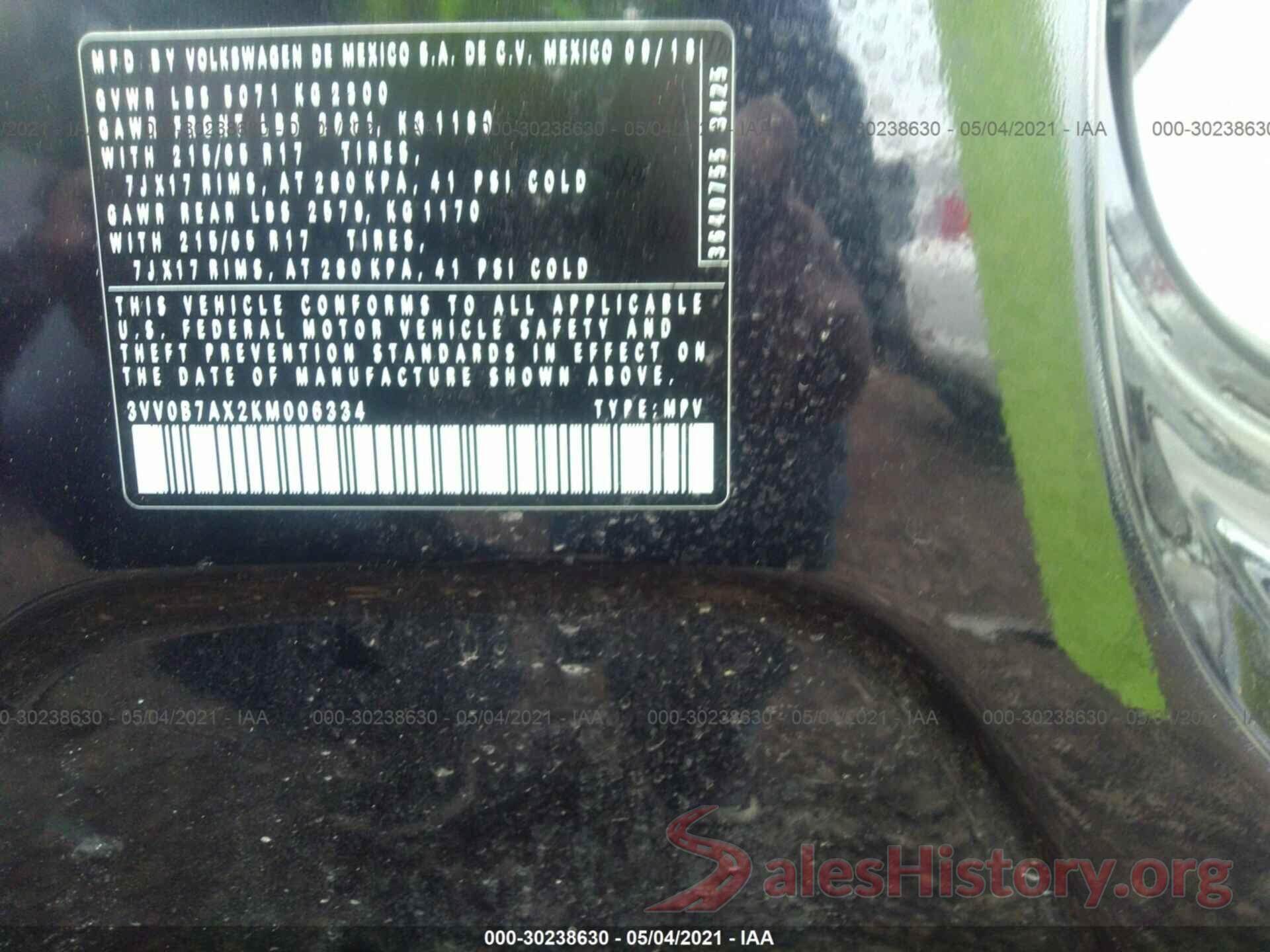 3VV0B7AX2KM006334 2019 VOLKSWAGEN TIGUAN