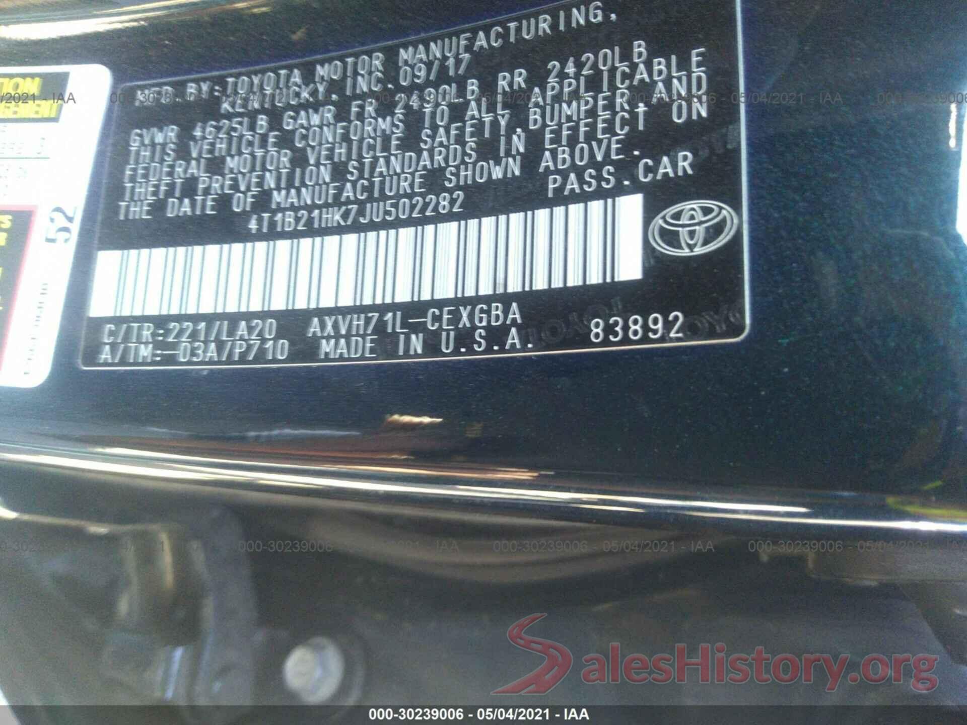 4T1B21HK7JU502282 2018 TOYOTA CAMRY