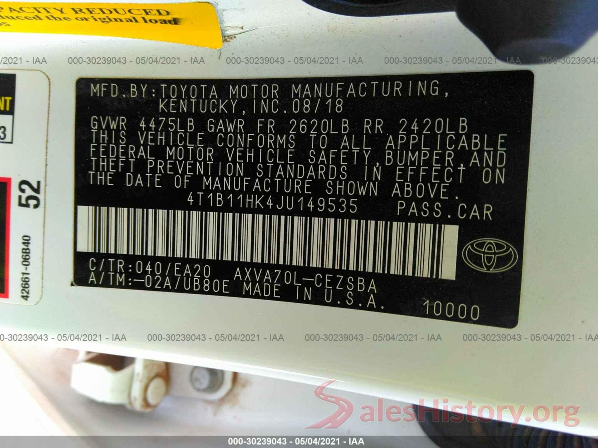 4T1B11HK4JU149535 2018 TOYOTA CAMRY