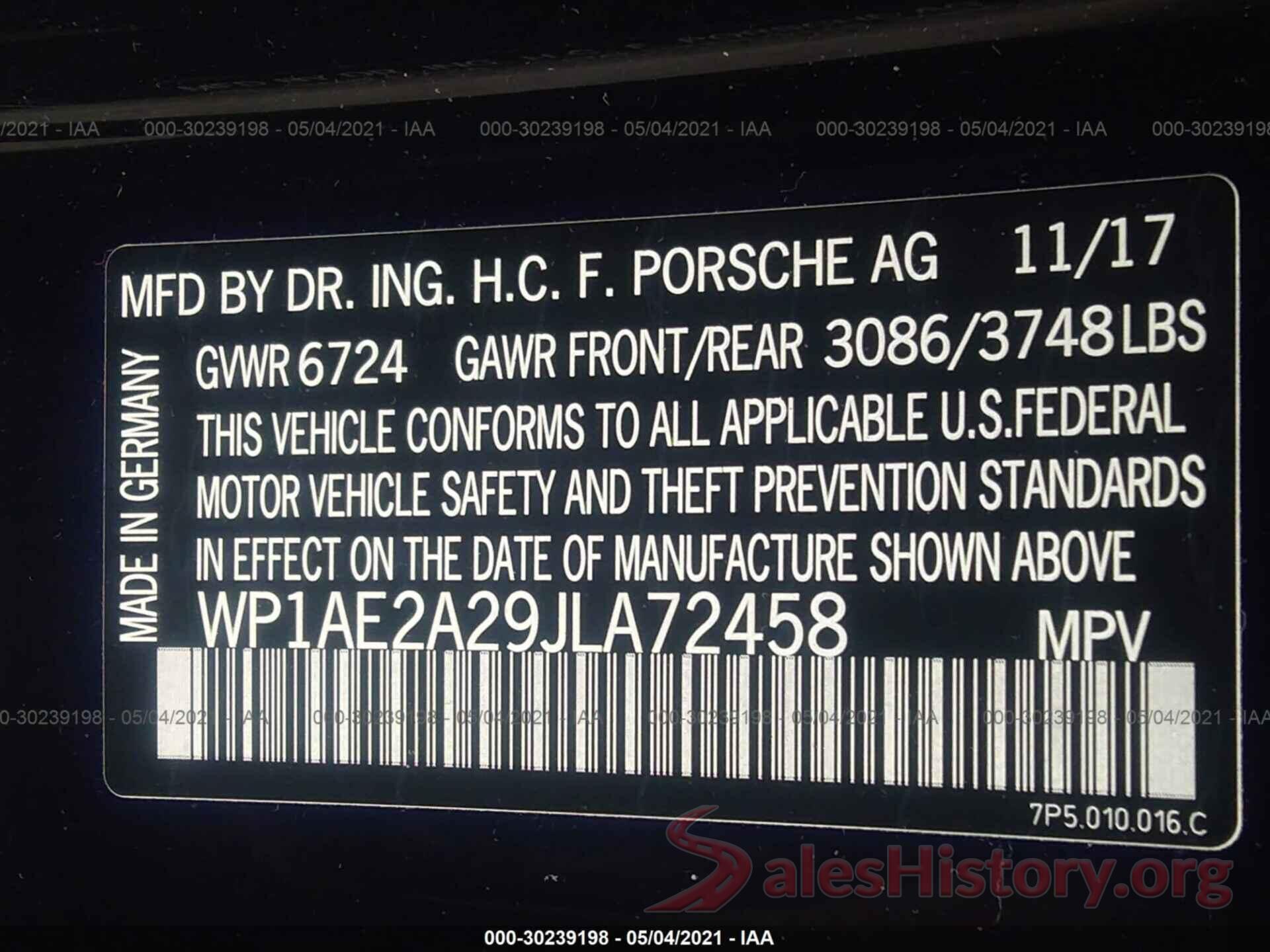 WP1AE2A29JLA72458 2018 PORSCHE CAYENNE