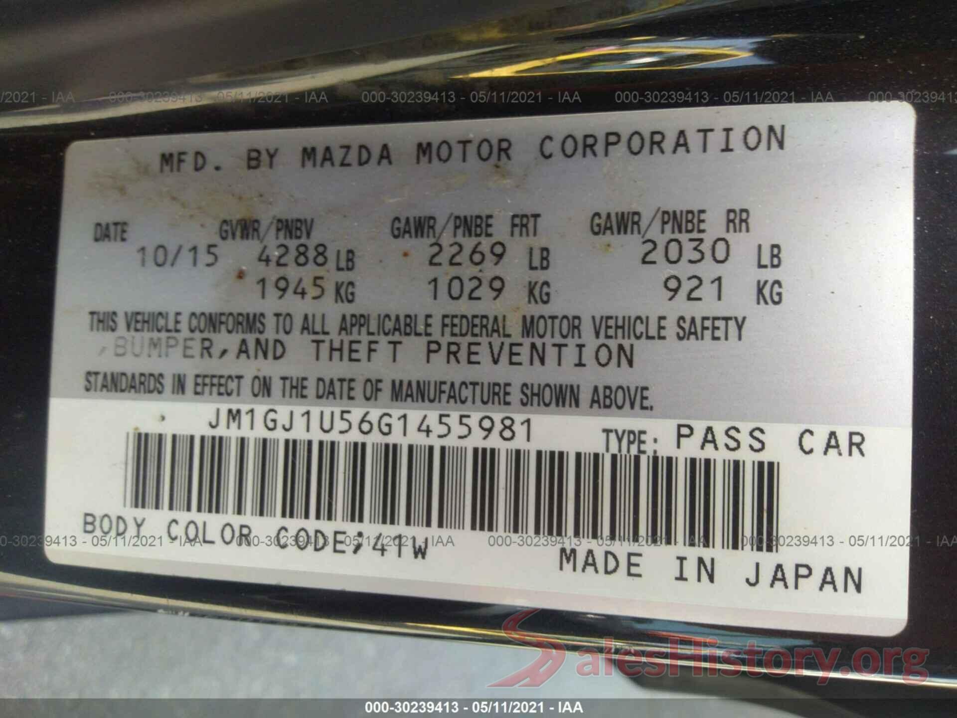 JM1GJ1U56G1455981 2016 MAZDA MAZDA6