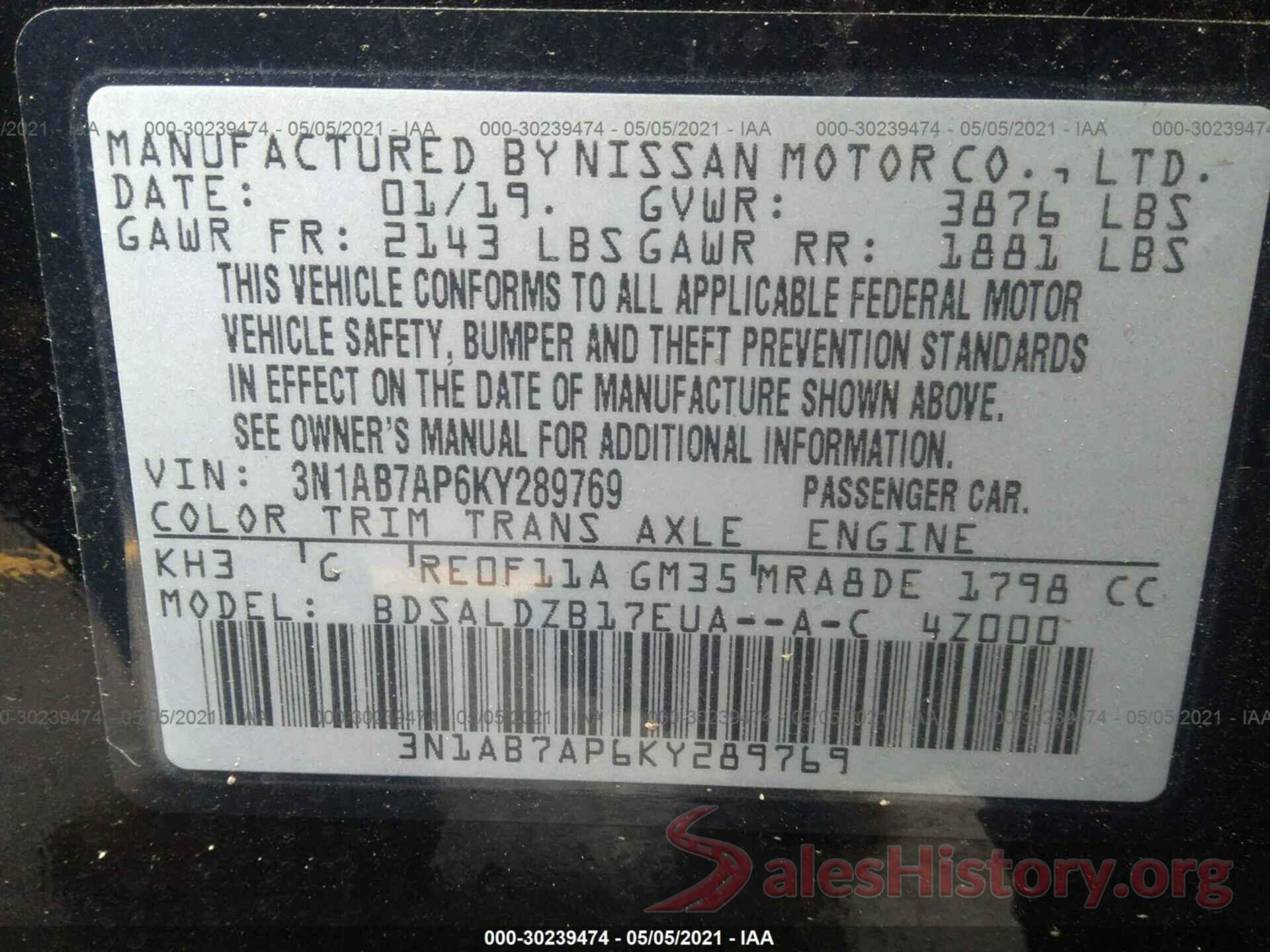 3N1AB7AP6KY289769 2019 NISSAN SENTRA