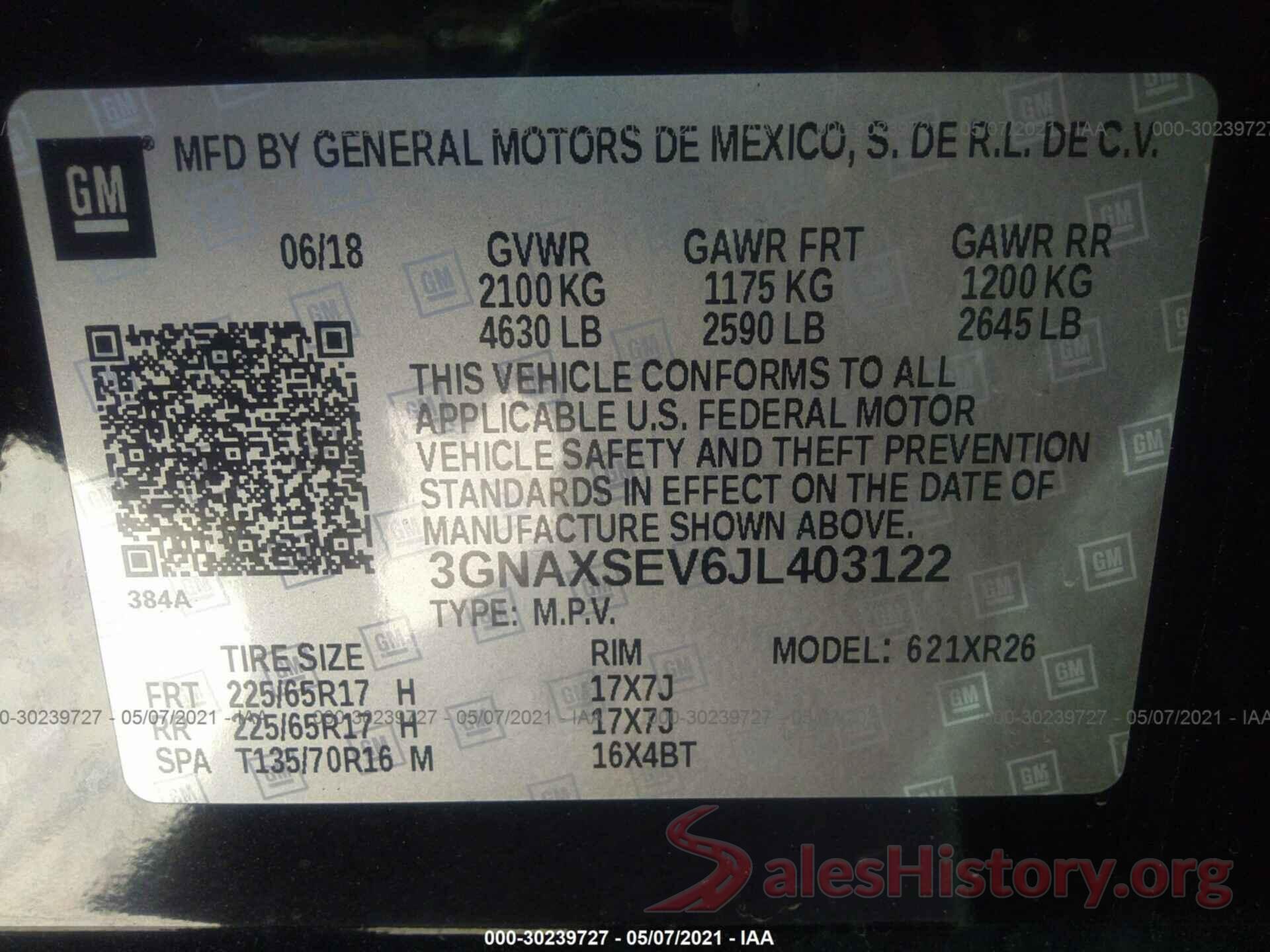 3GNAXSEV6JL403122 2018 CHEVROLET EQUINOX