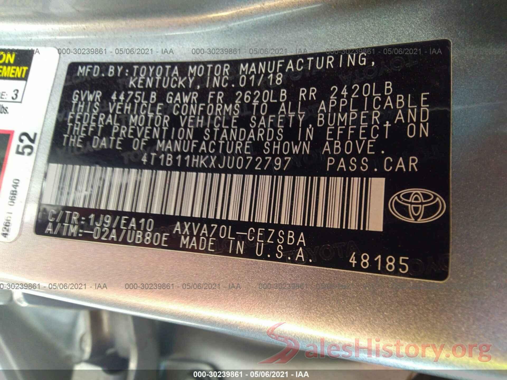 4T1B11HKXJU072797 2018 TOYOTA CAMRY