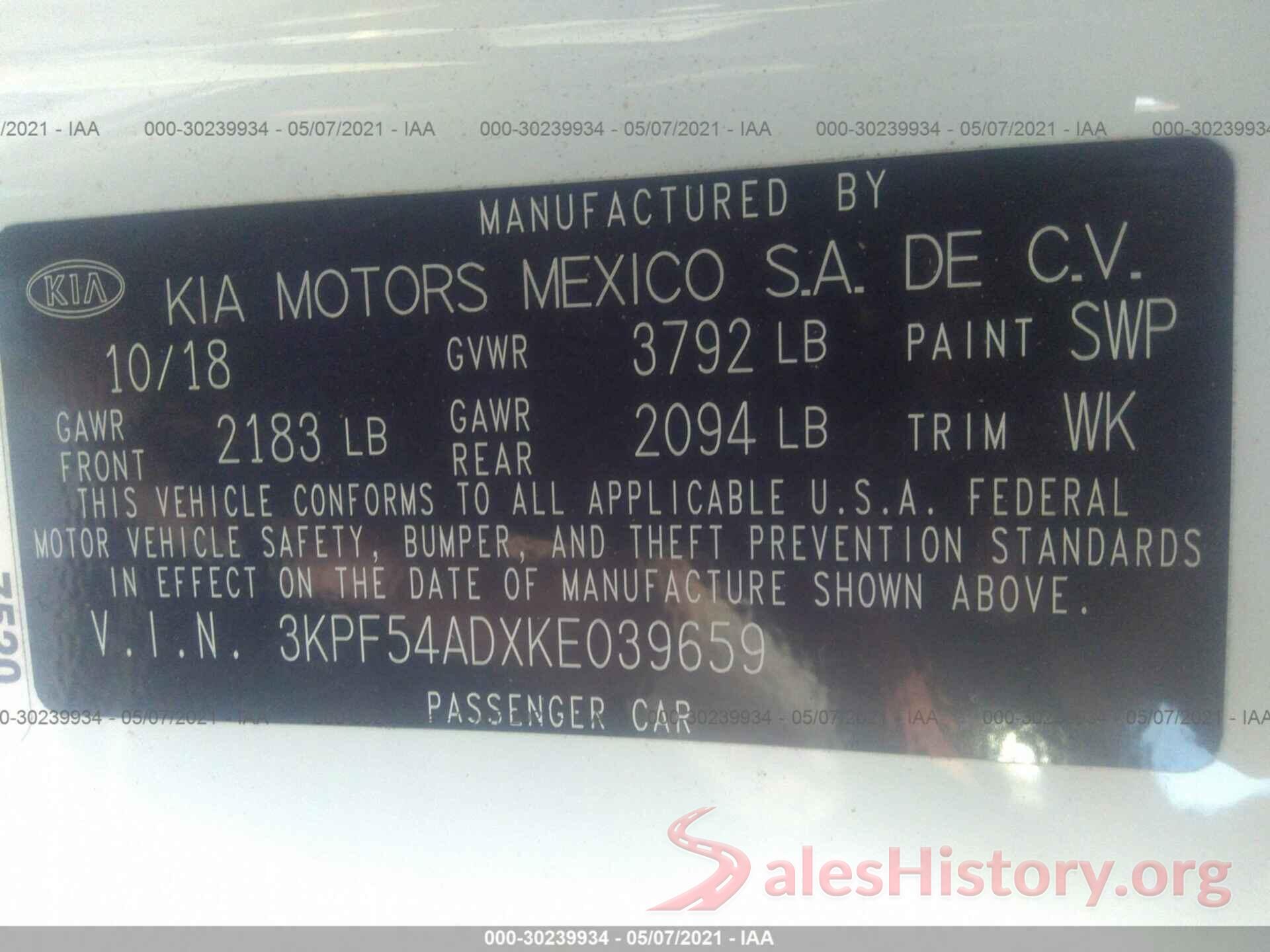 3KPF54ADXKE039659 2019 KIA FORTE