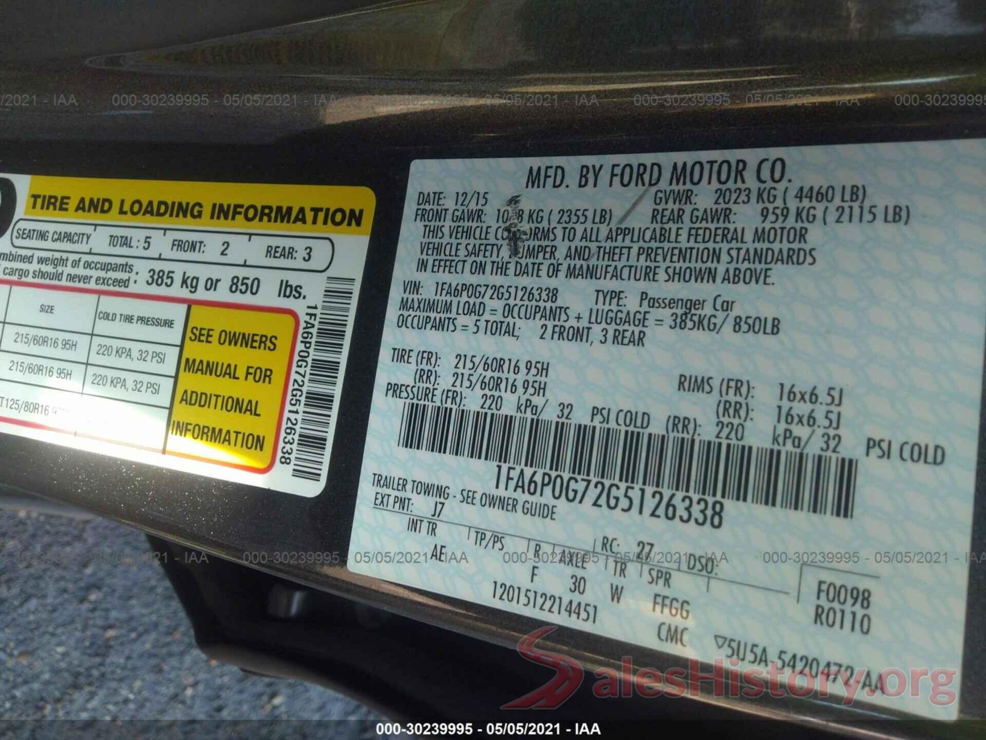 1FA6P0G72G5126338 2016 FORD FUSION