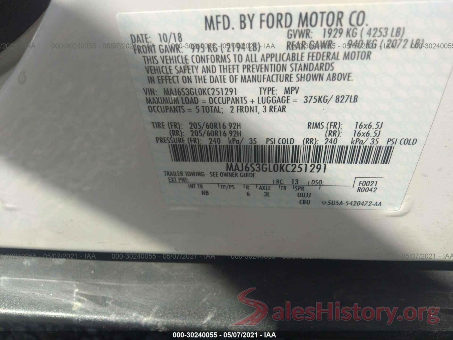 MAJ6S3GL0KC251291 2019 FORD ECOSPORT