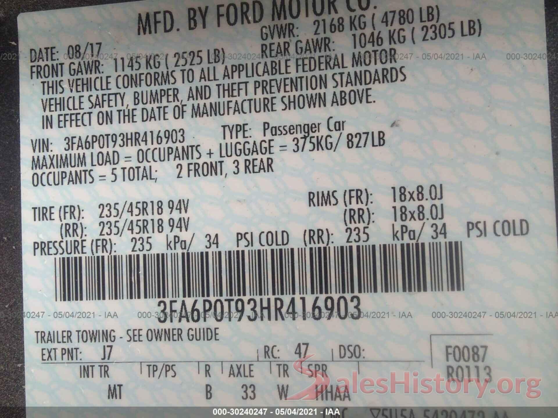 3FA6P0T93HR416903 2017 FORD FUSION