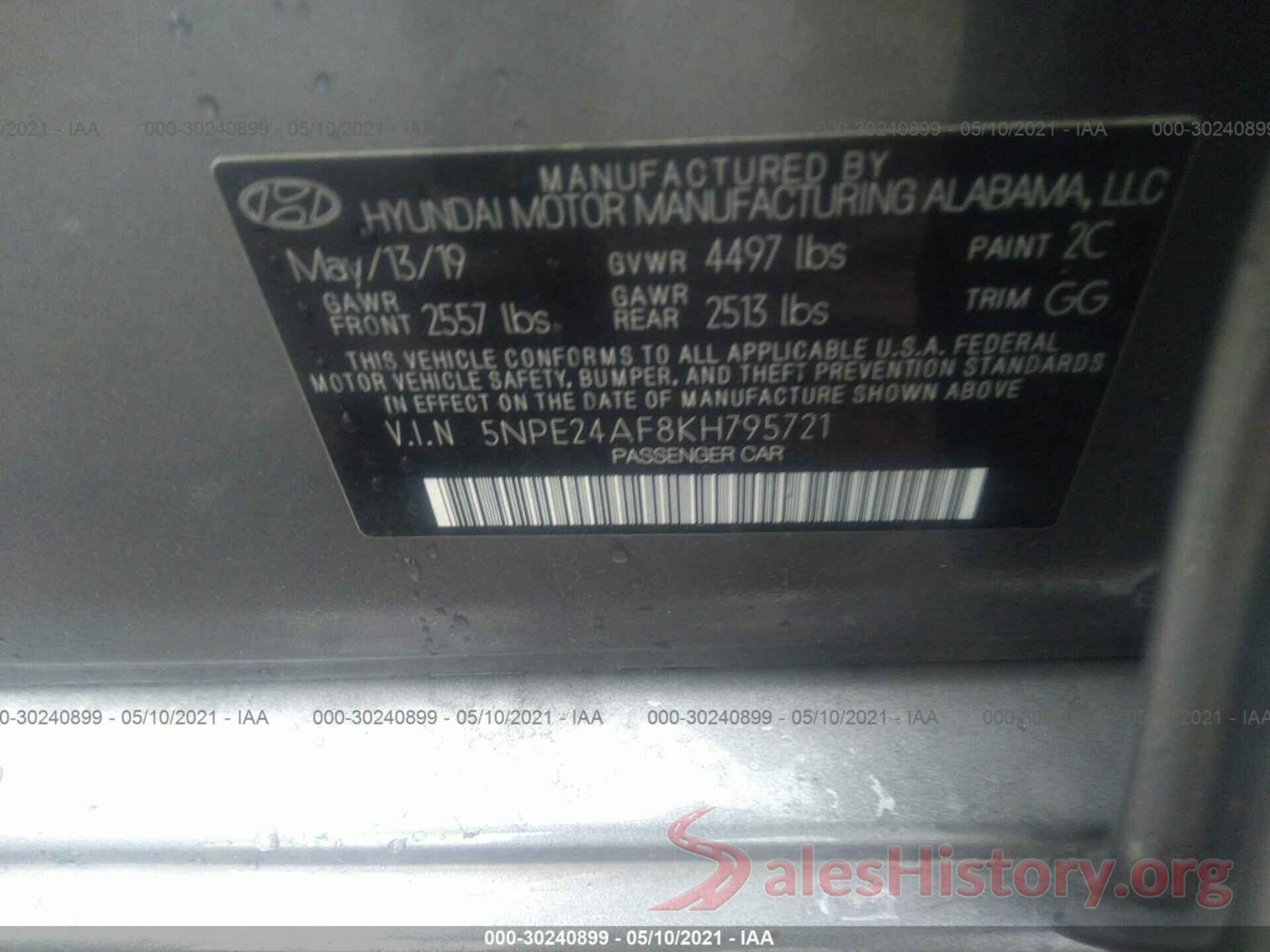 5NPE24AF8KH795721 2019 HYUNDAI SONATA