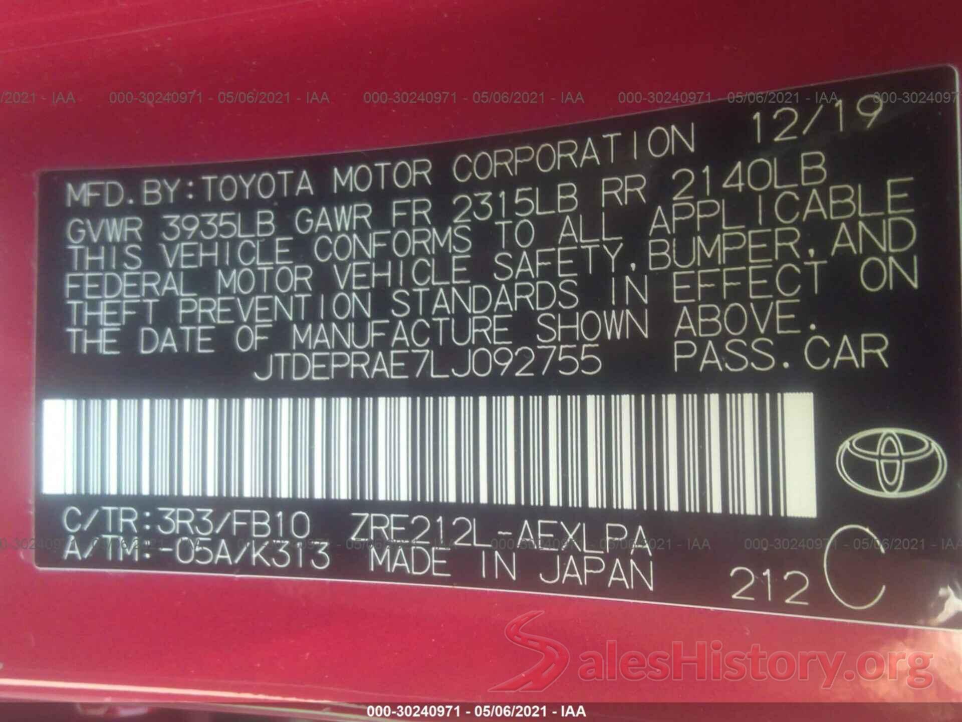 JTDEPRAE7LJ092755 2020 TOYOTA COROLLA