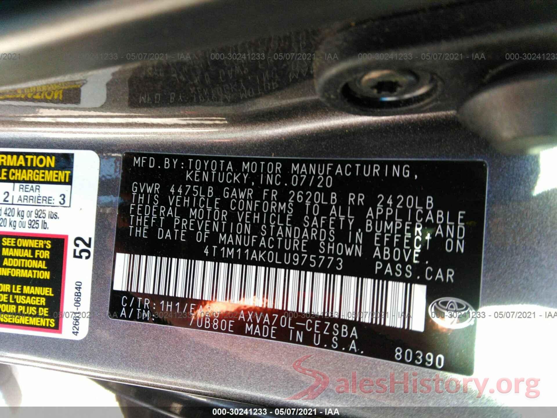 4T1M11AK0LU975773 2020 TOYOTA CAMRY