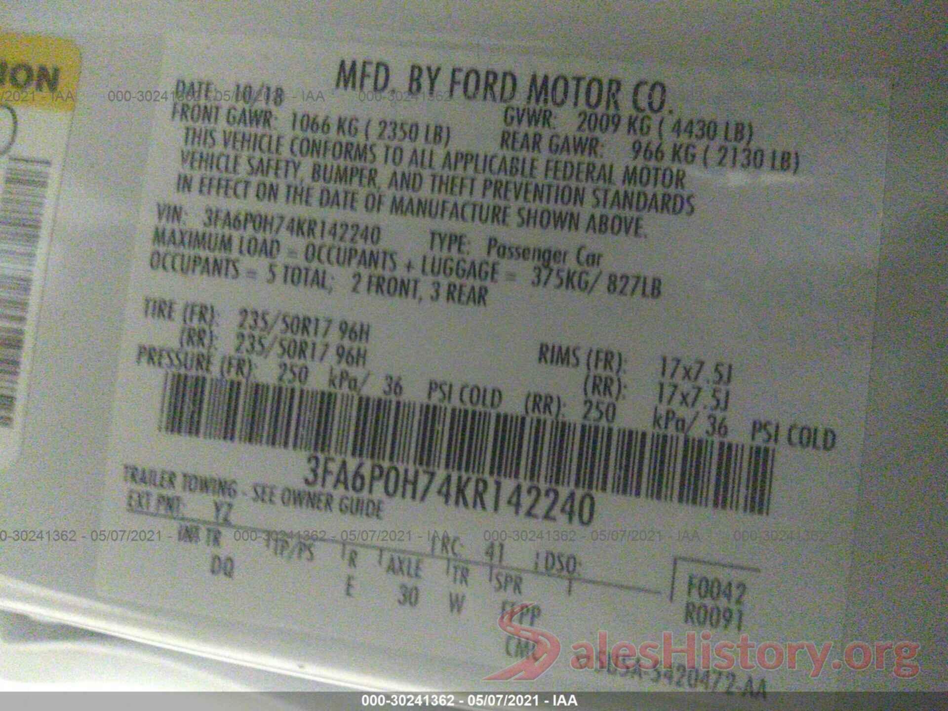 3FA6P0H74KR142240 2019 FORD FUSION