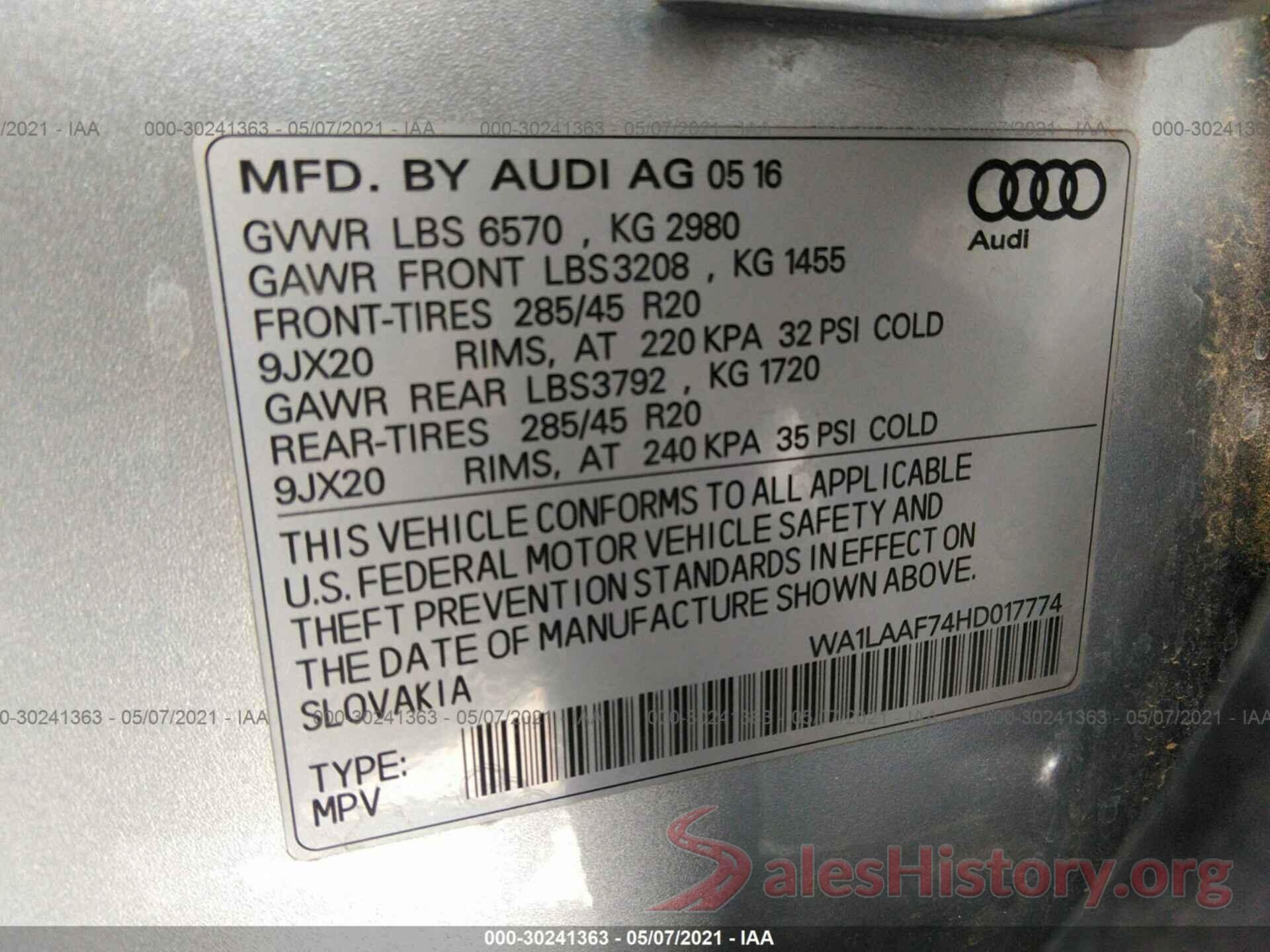 WA1LAAF74HD017774 2017 AUDI Q7