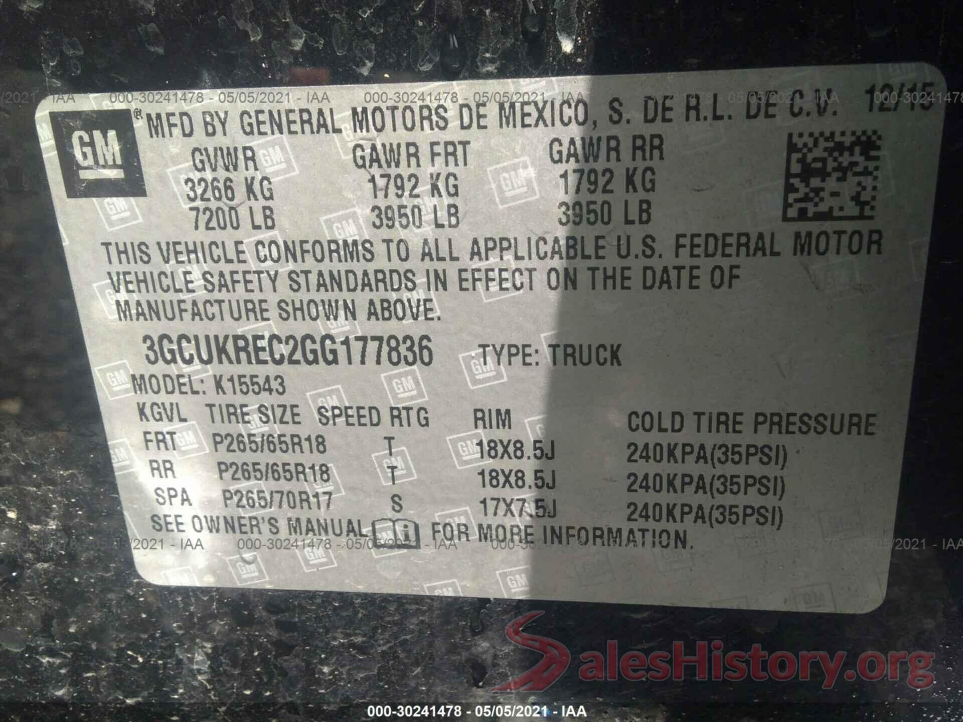 3GCUKREC2GG177836 2016 CHEVROLET SILVERADO 1500