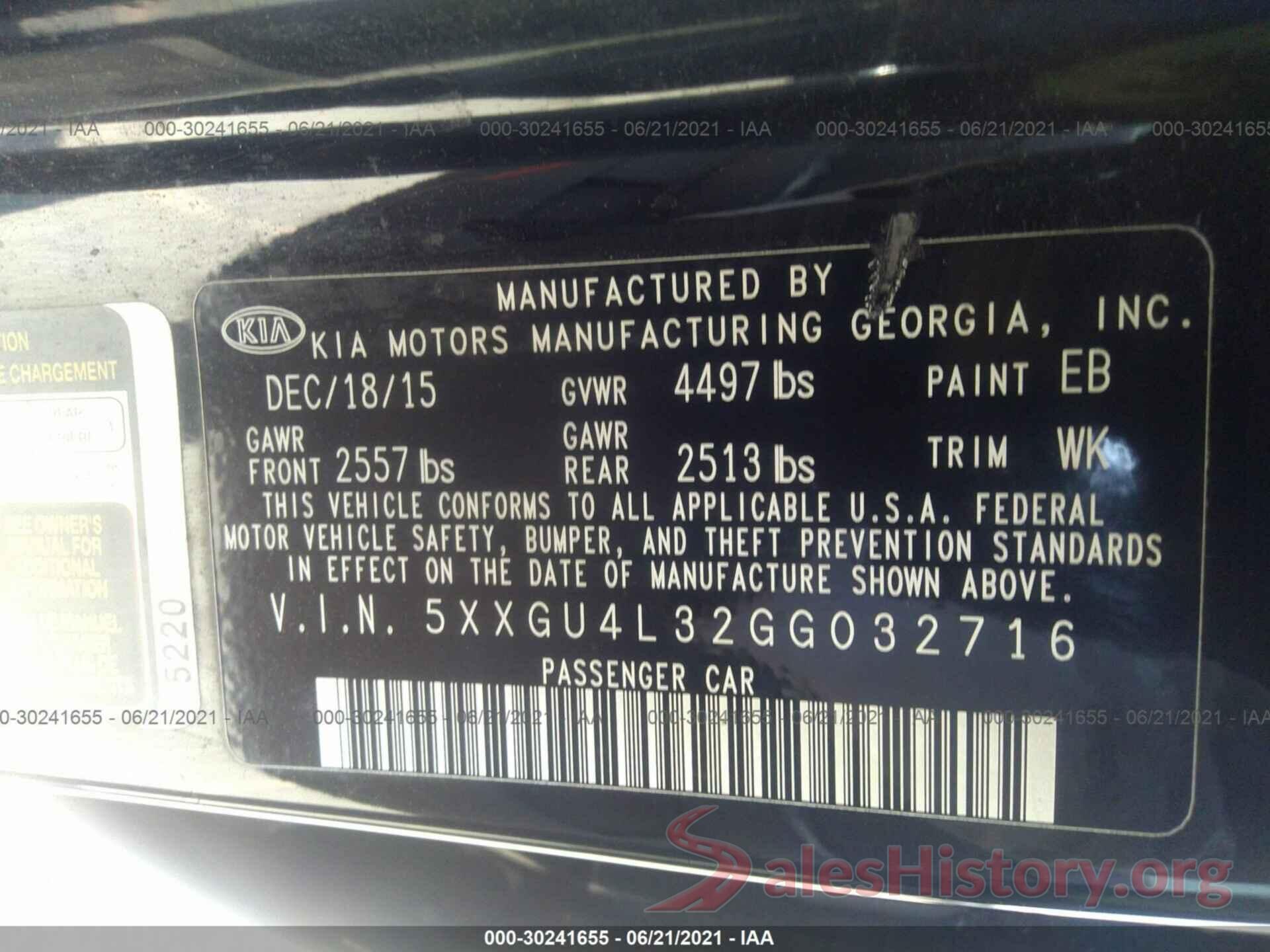 5XXGU4L32GG032716 2016 KIA OPTIMA