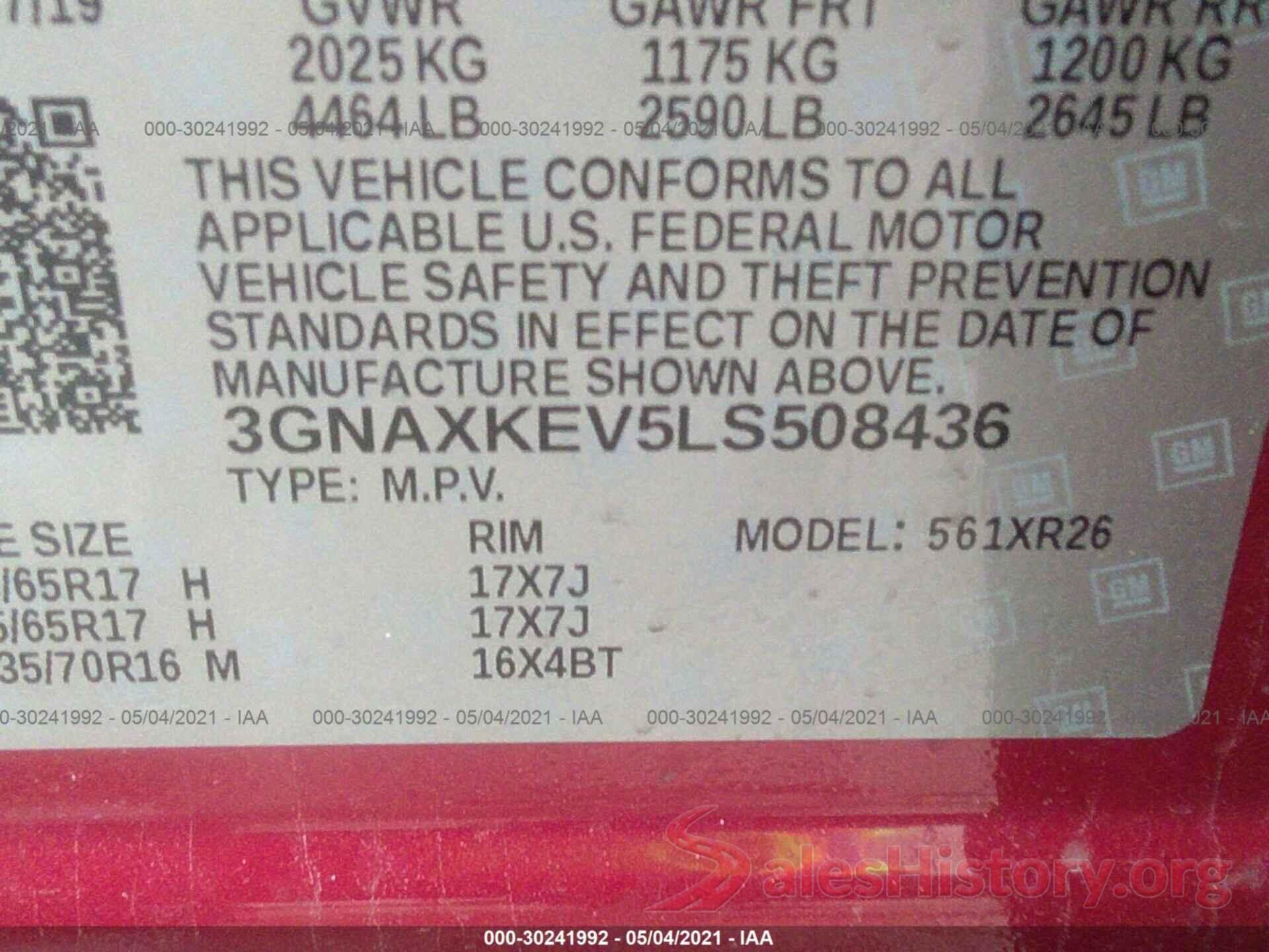 3GNAXKEV5LS508436 2020 CHEVROLET EQUINOX